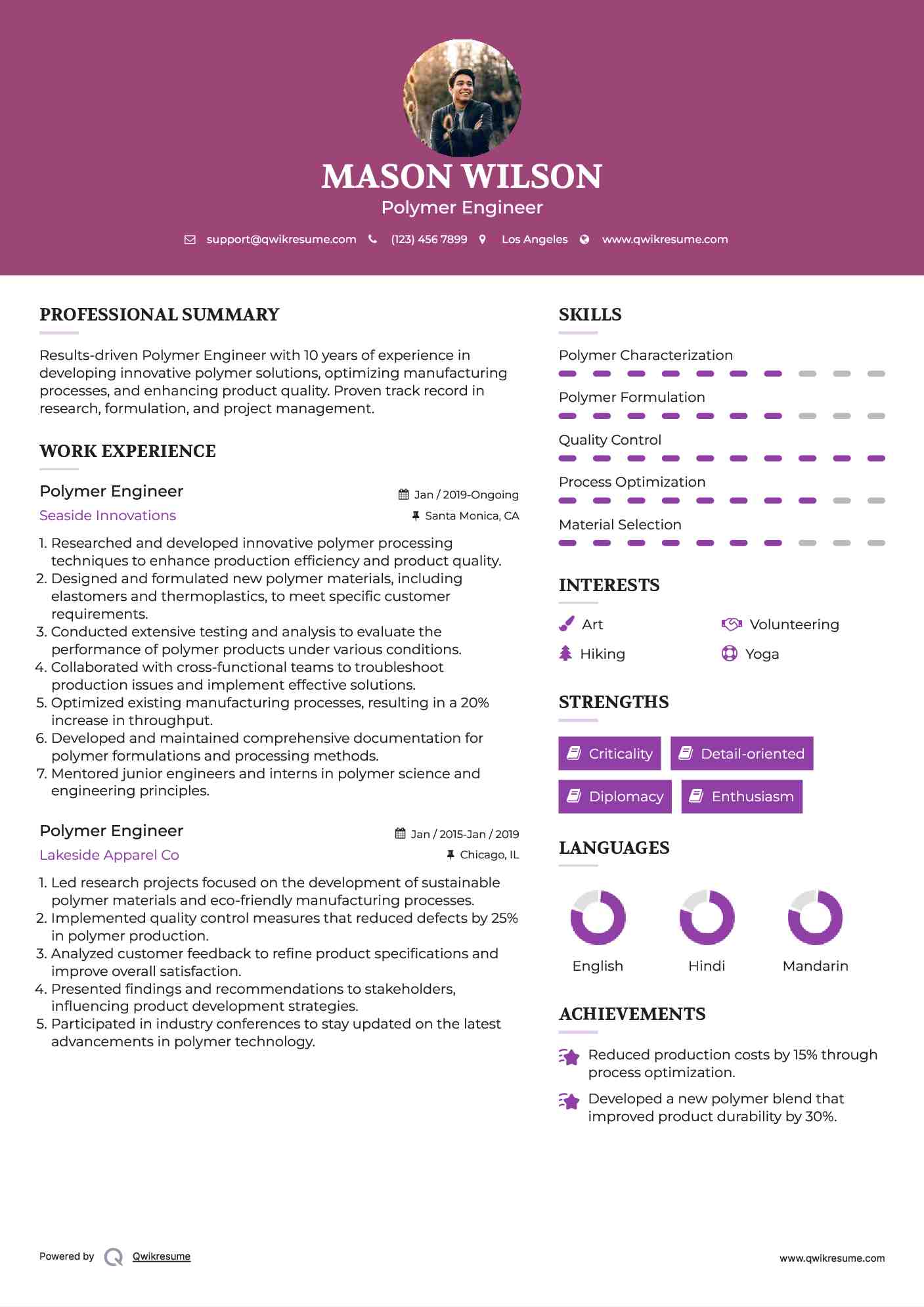 Polymer Engineer Resume Sample