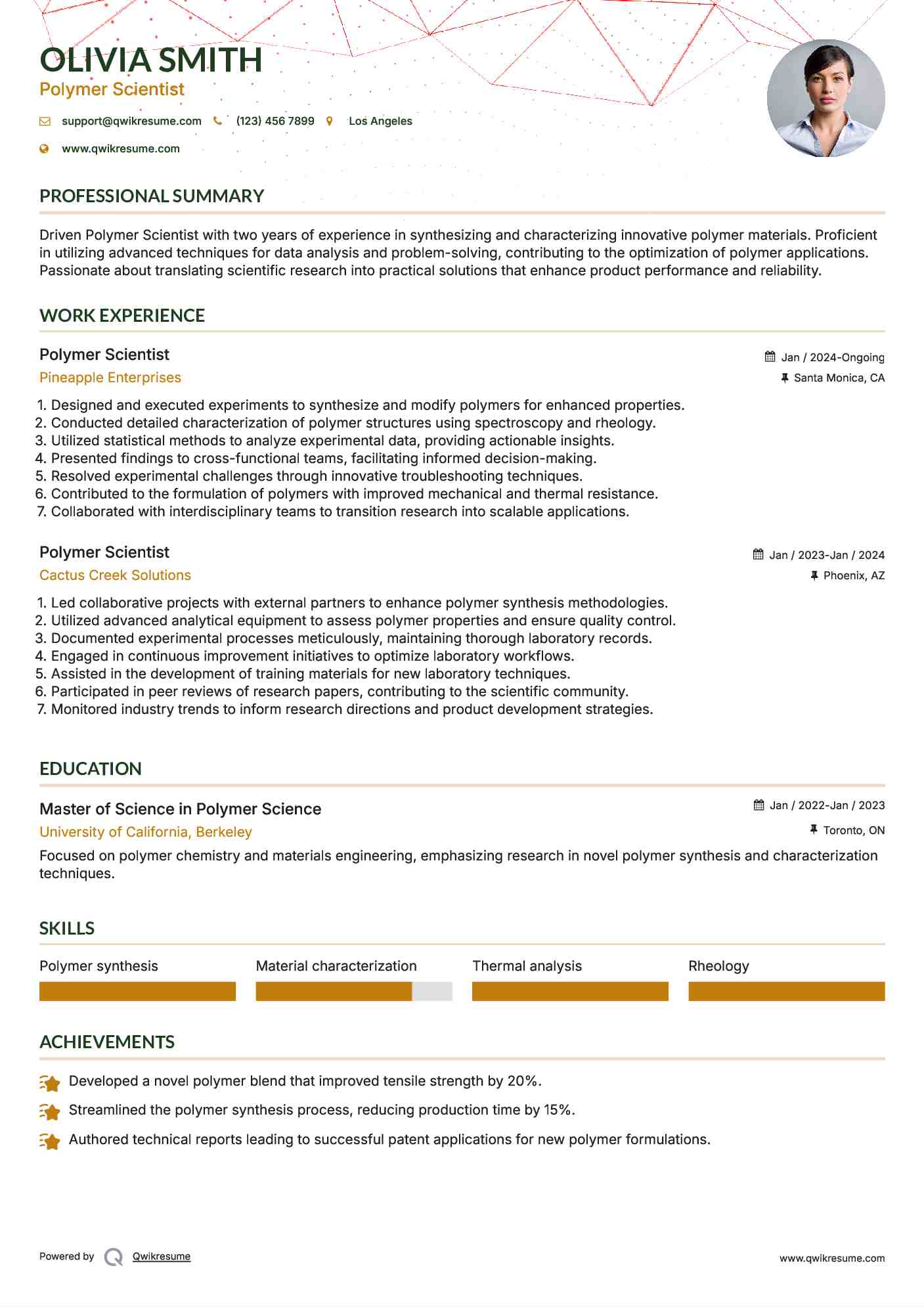 Polymer Scientist Resume Sample
