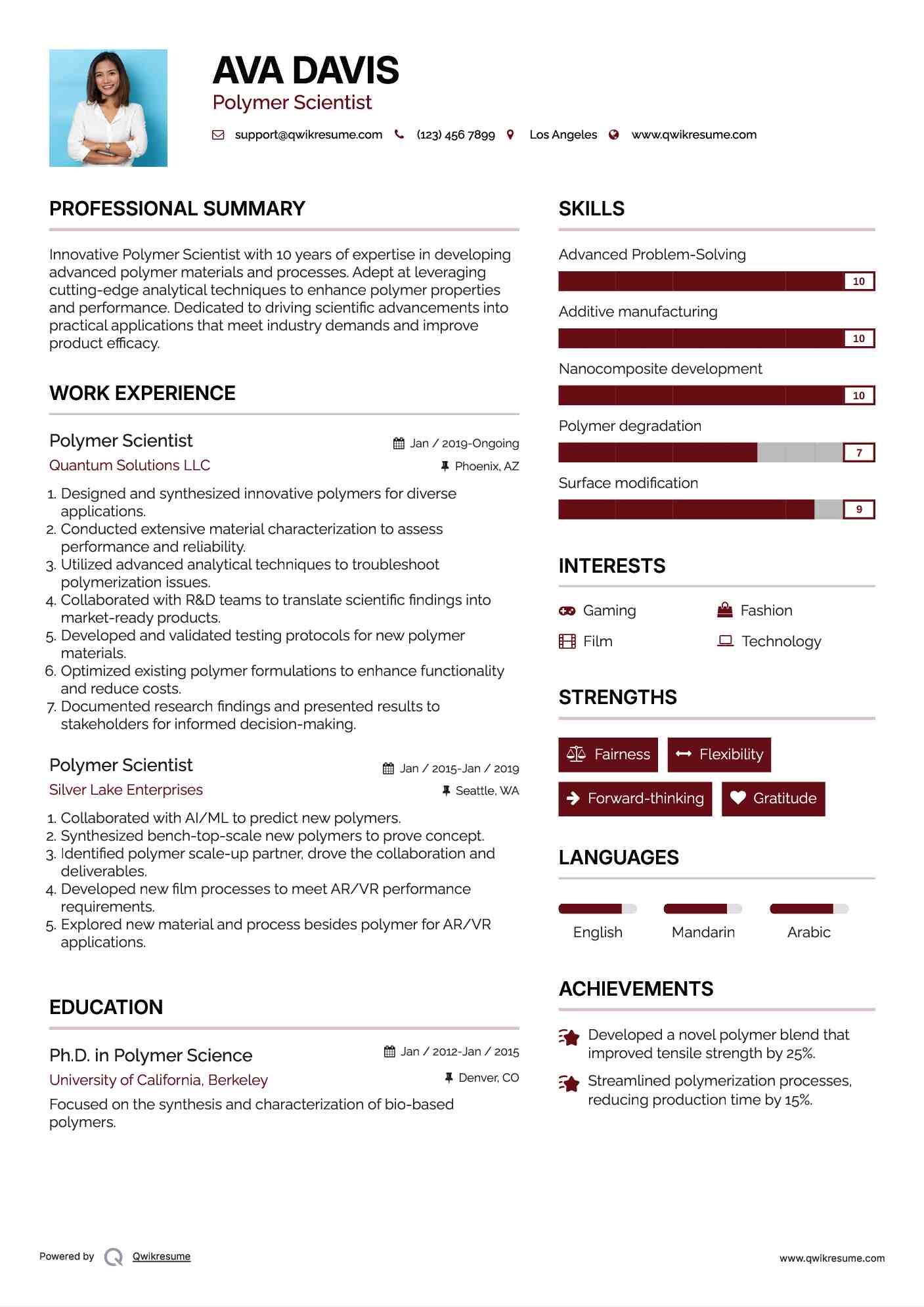 Polymer Scientist Resume Sample