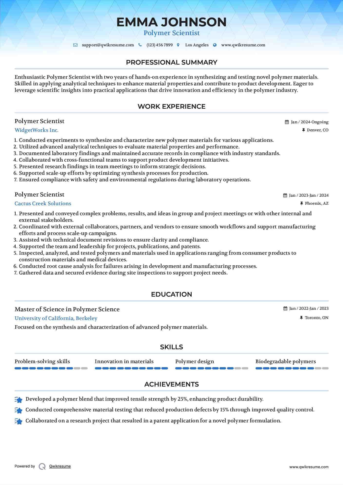 Polymer Scientist Resume Sample