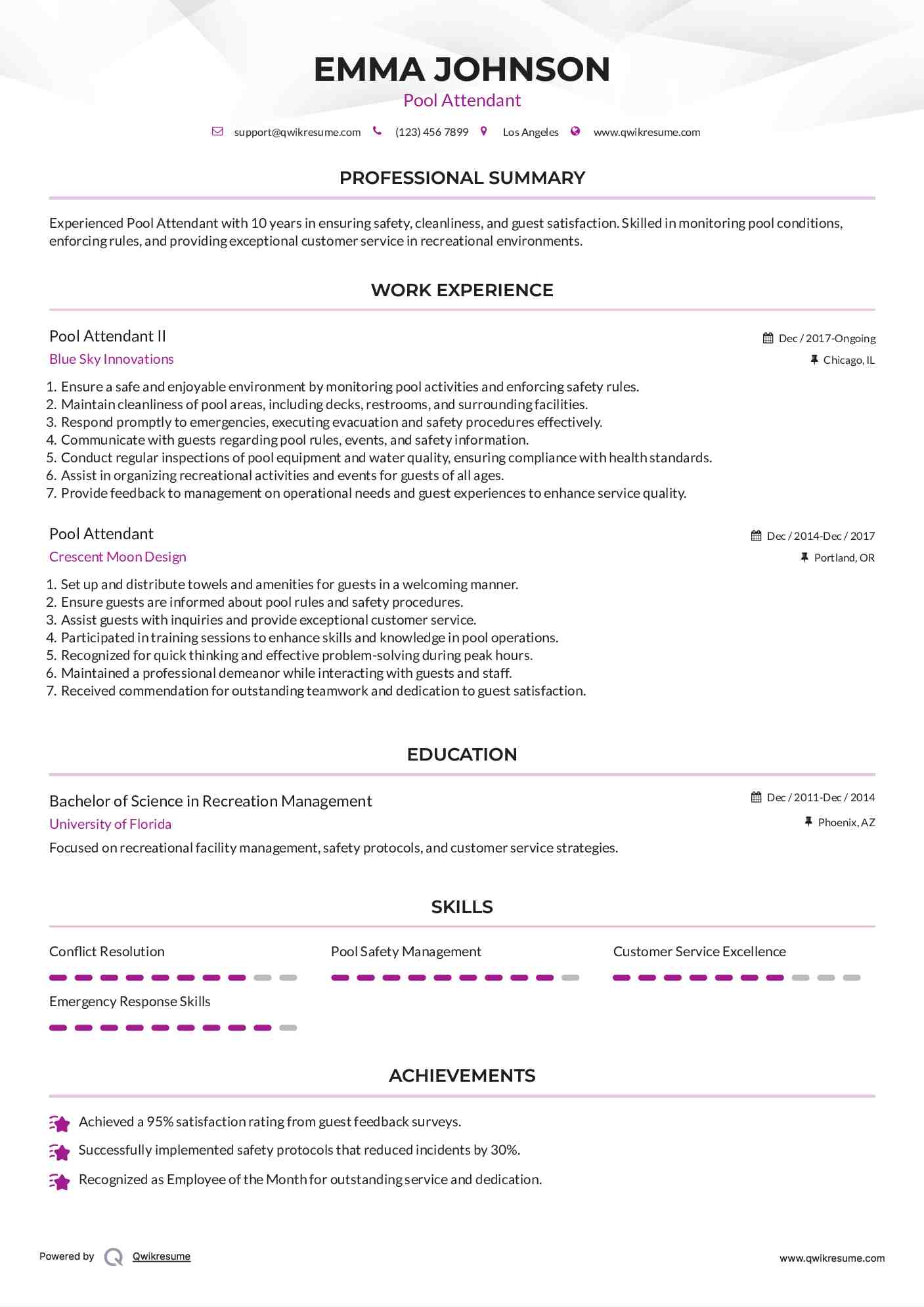 Pool Attendant II Resume Sample