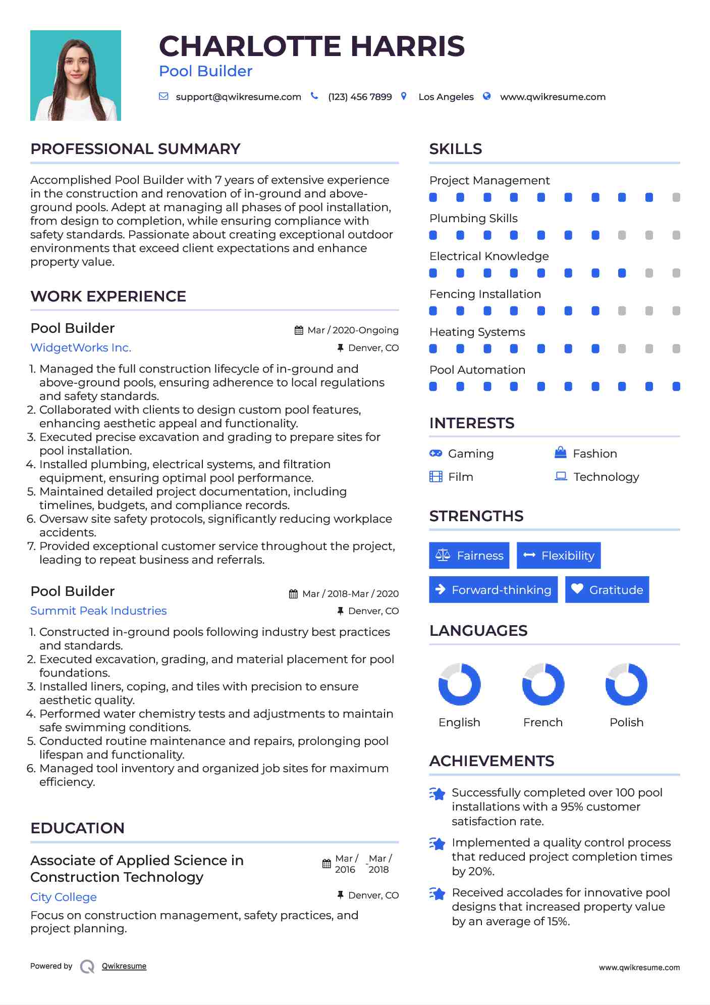 Pool Builder Resume Model