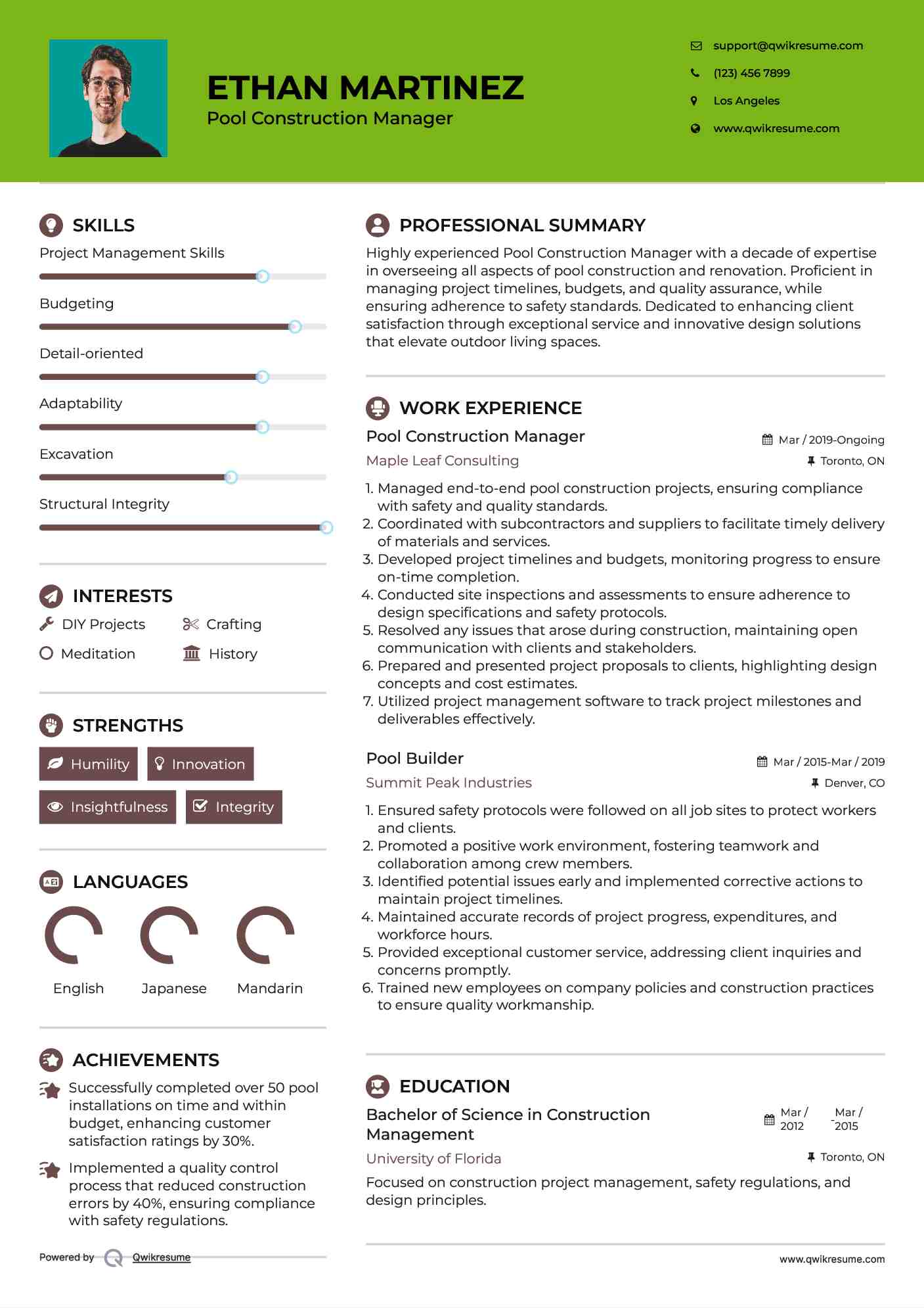 Pool Construction Manager Resume Sample