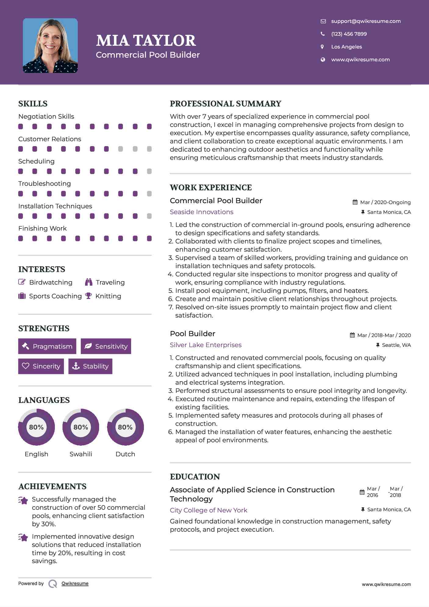 Commercial Pool Builder Resume Sample