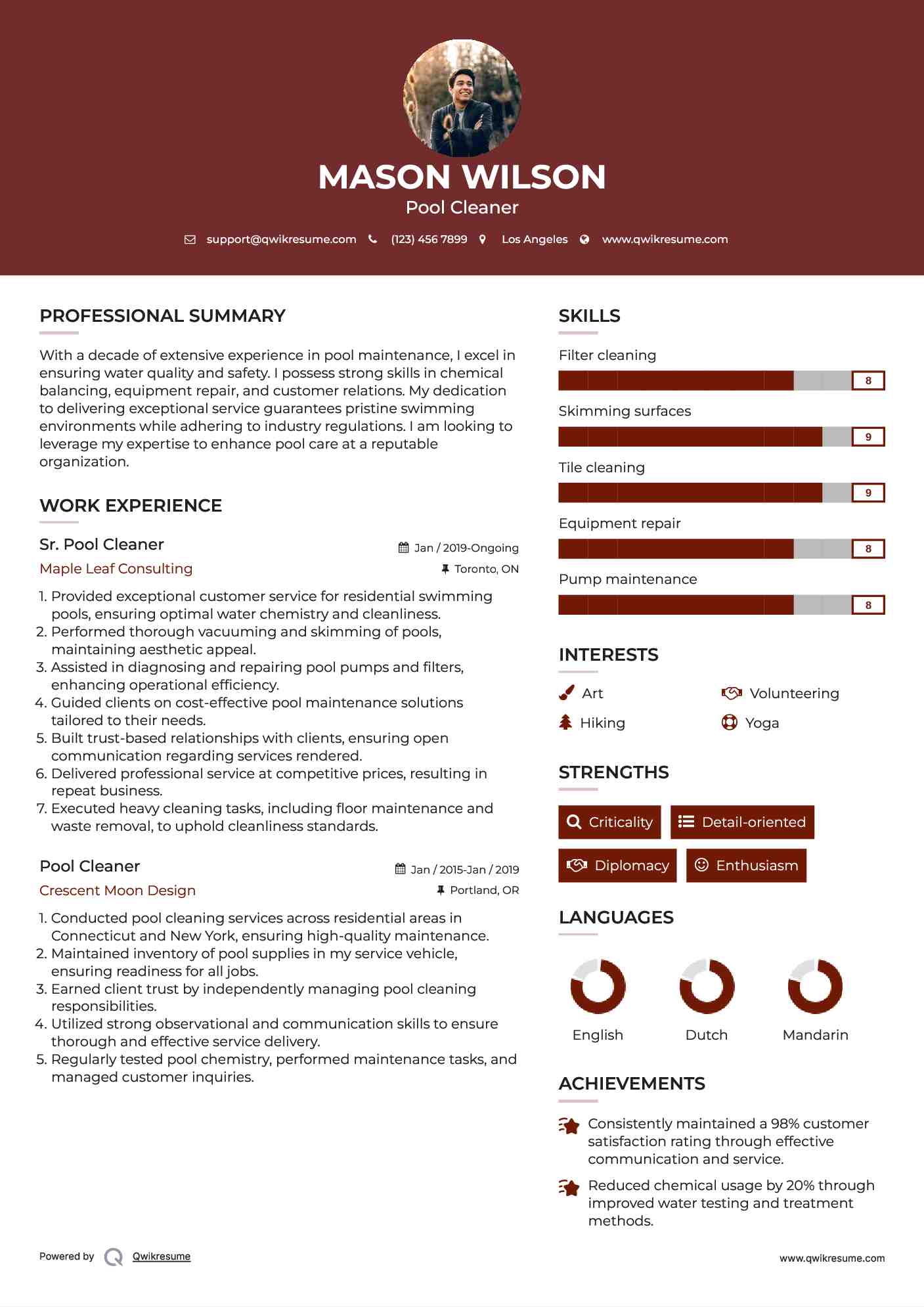 Sr. Pool Cleaner Resume Example