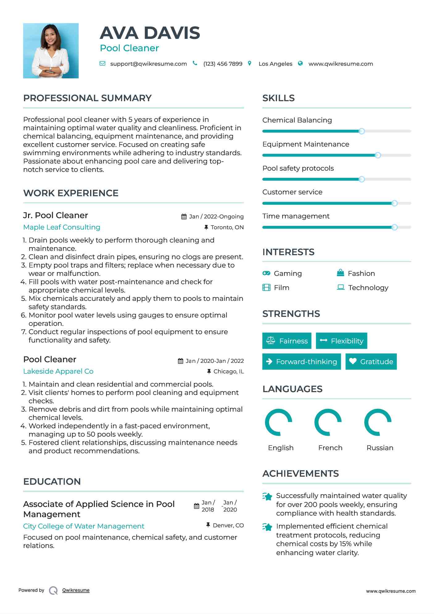 Jr. Pool Cleaner Resume Sample