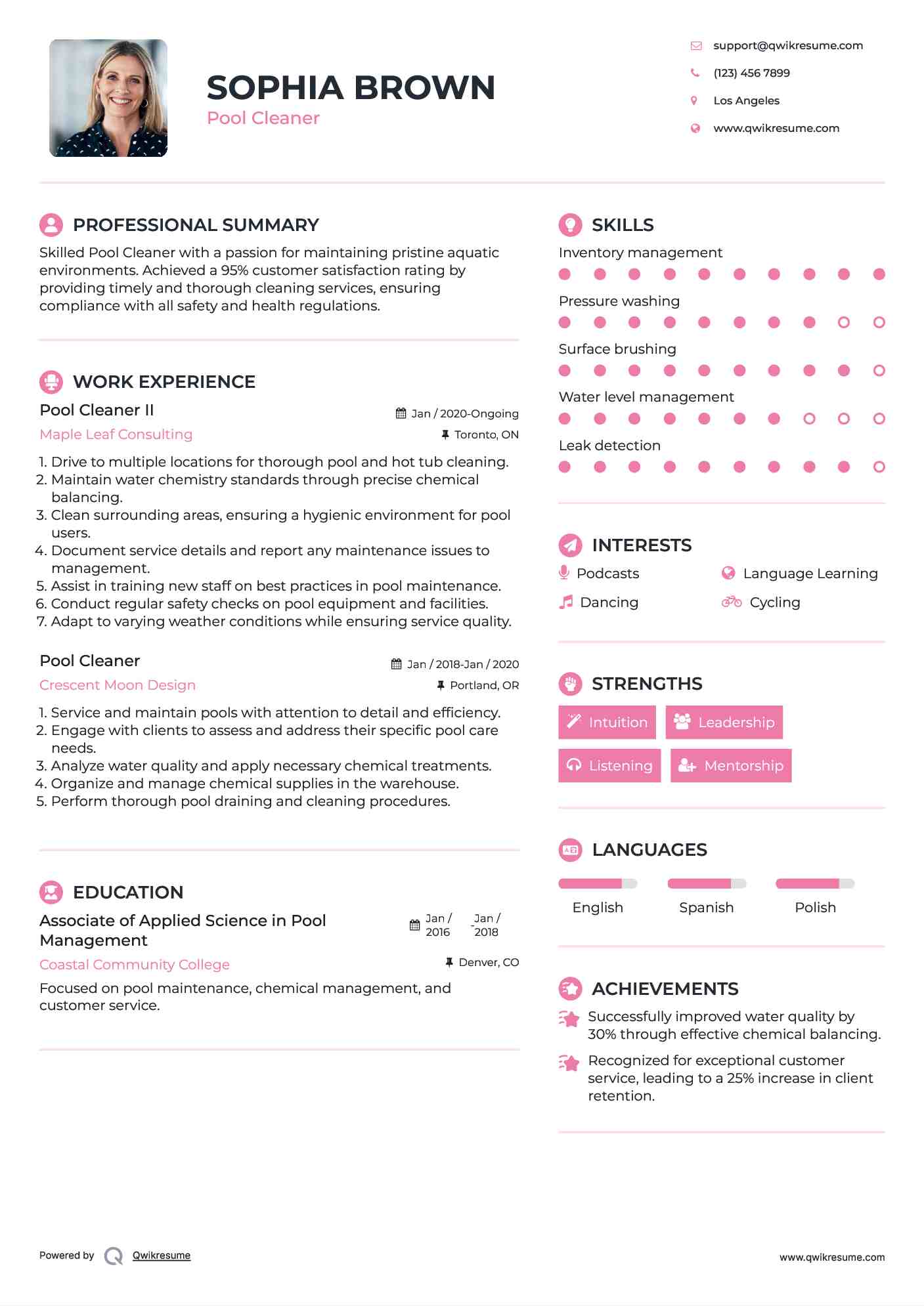 Pool Cleaner II Resume Sample