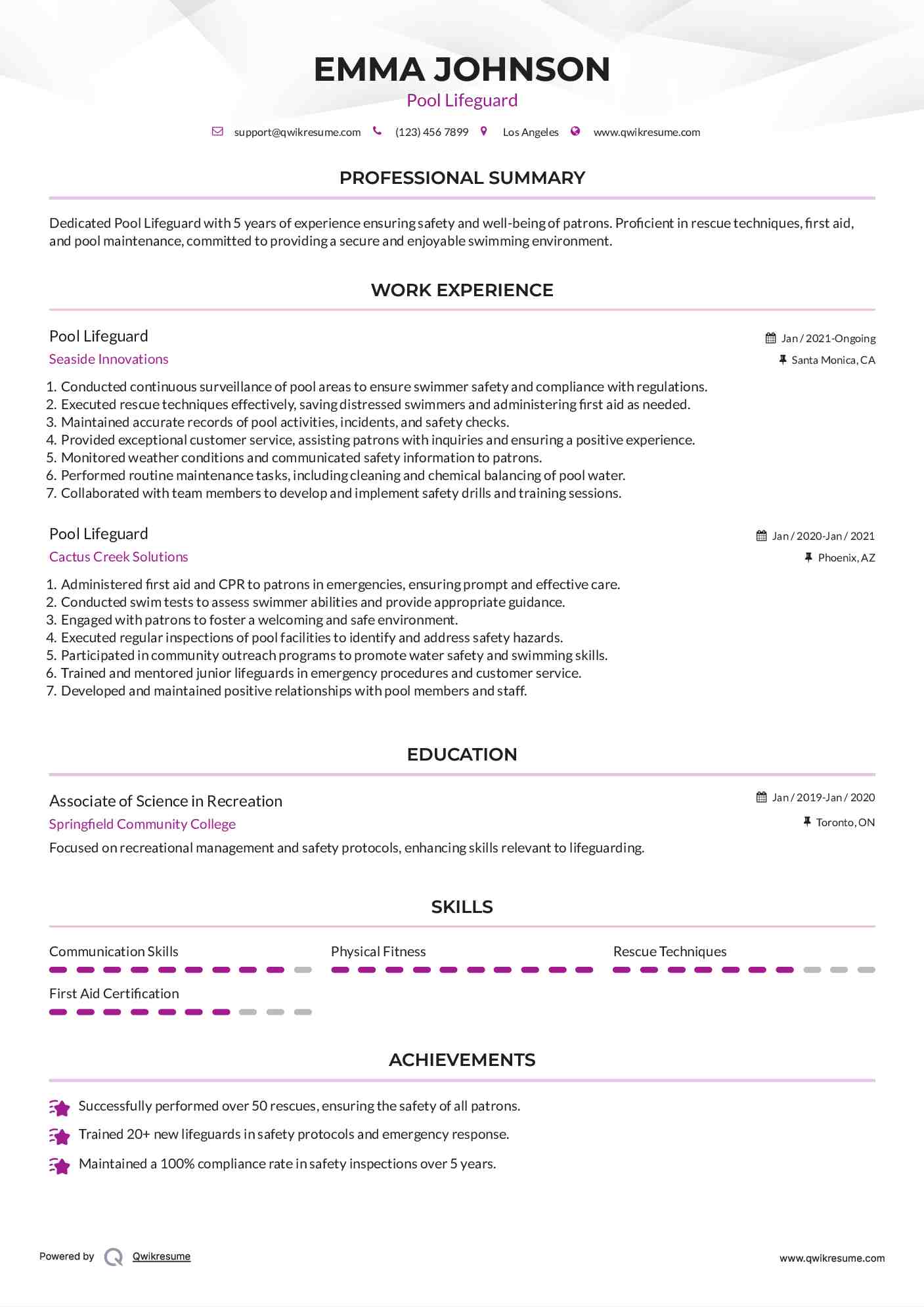 Pool Lifeguard Resume Format