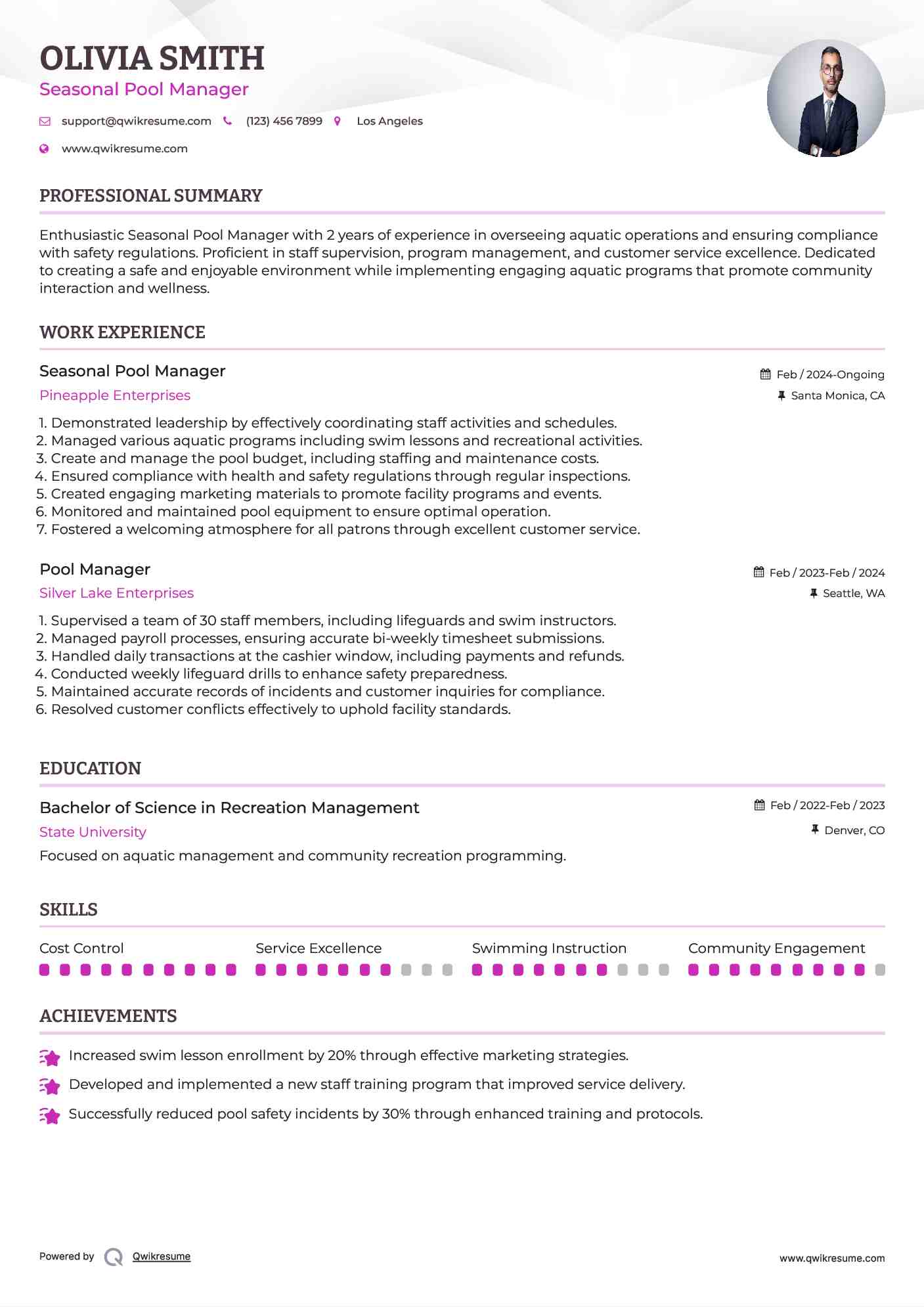Seasonal Pool Manager Resume Template