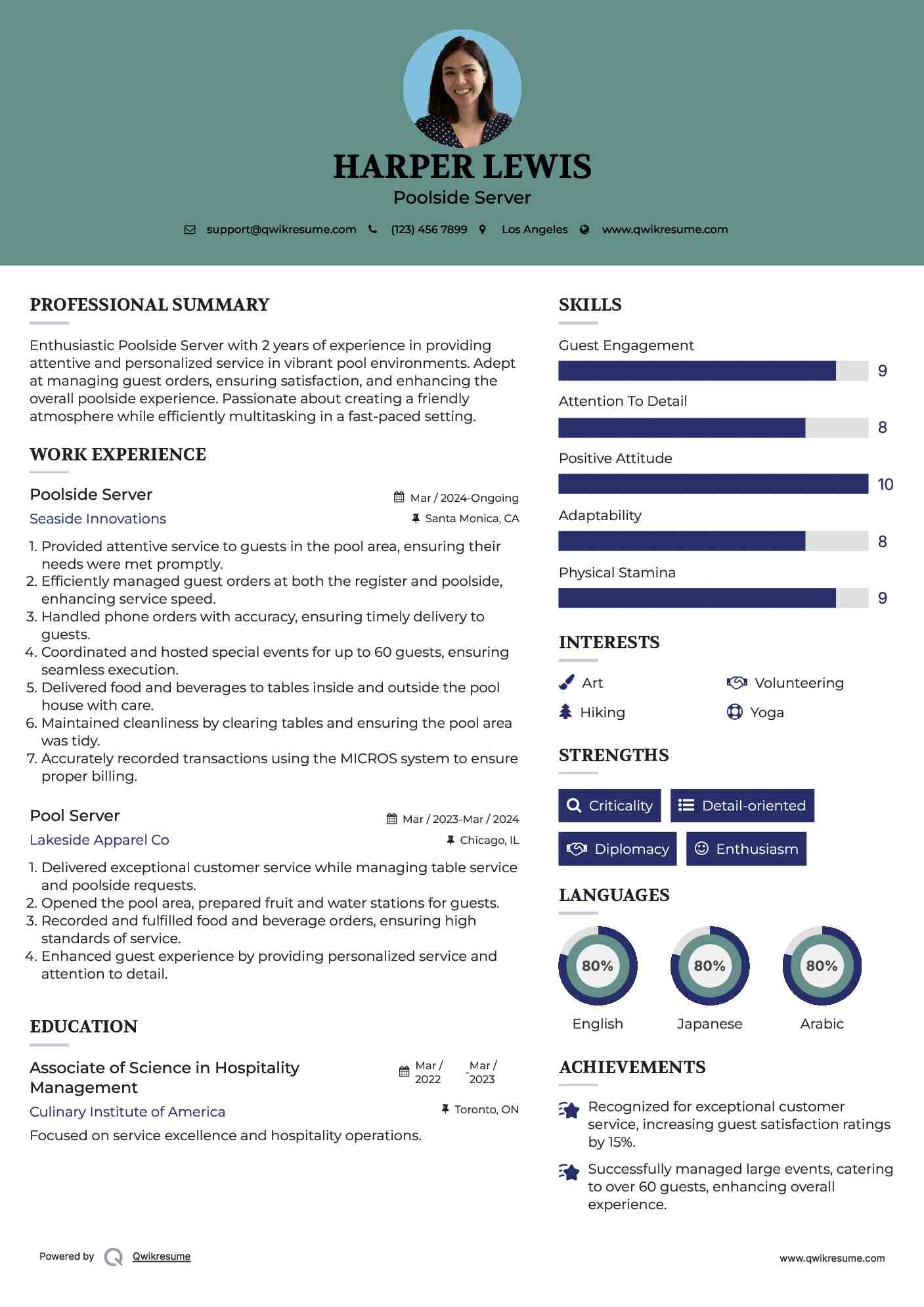 Poolside Server Resume Model