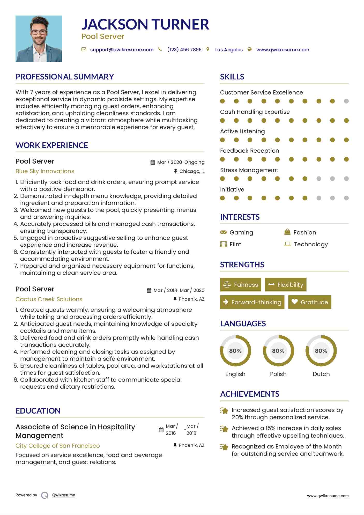 Pool Server Resume Format
