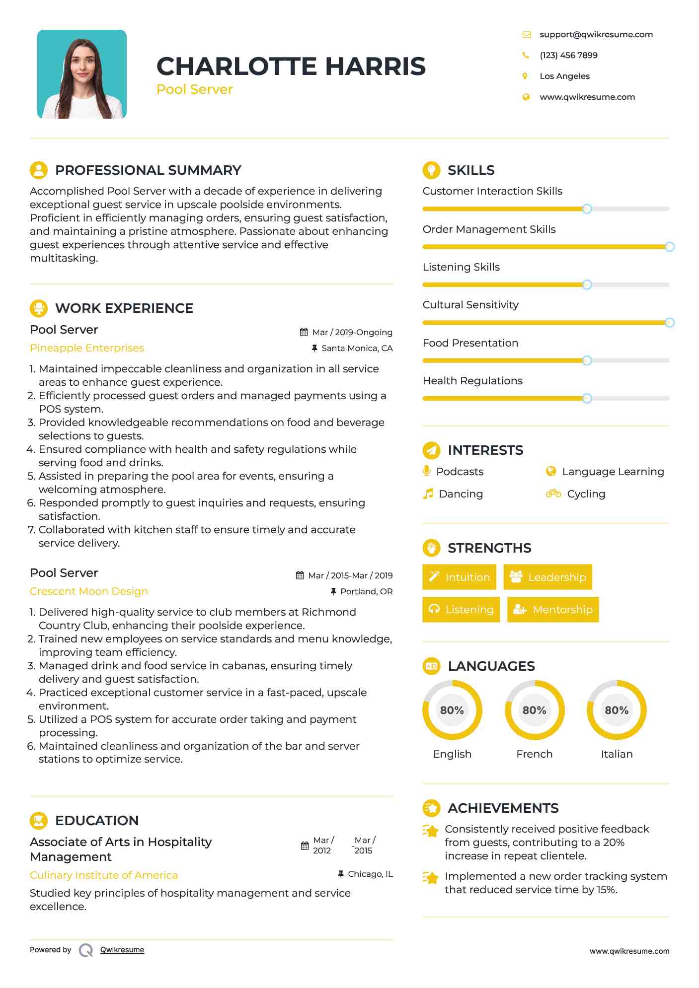 Pool Server Resume Sample