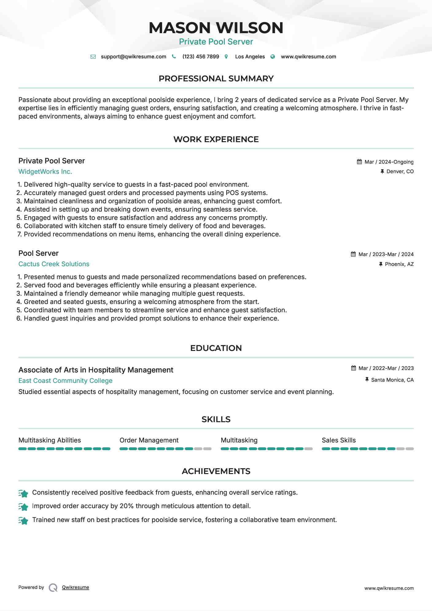 Private Pool Server Resume Example