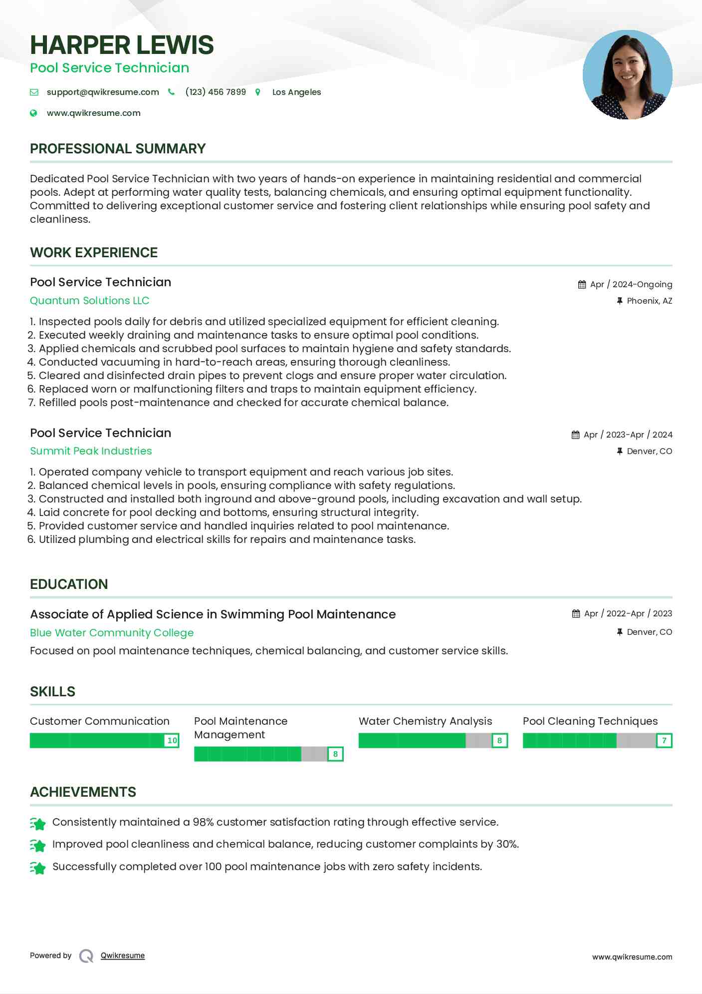 Pool Service Technician Resume Model