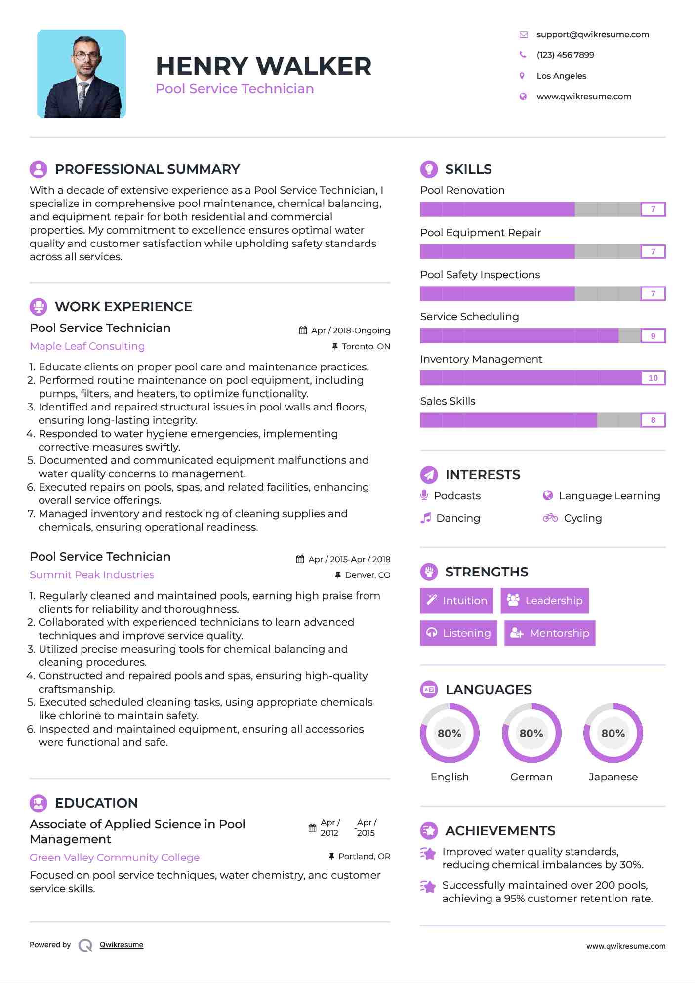 Pool Service Technician Resume Format