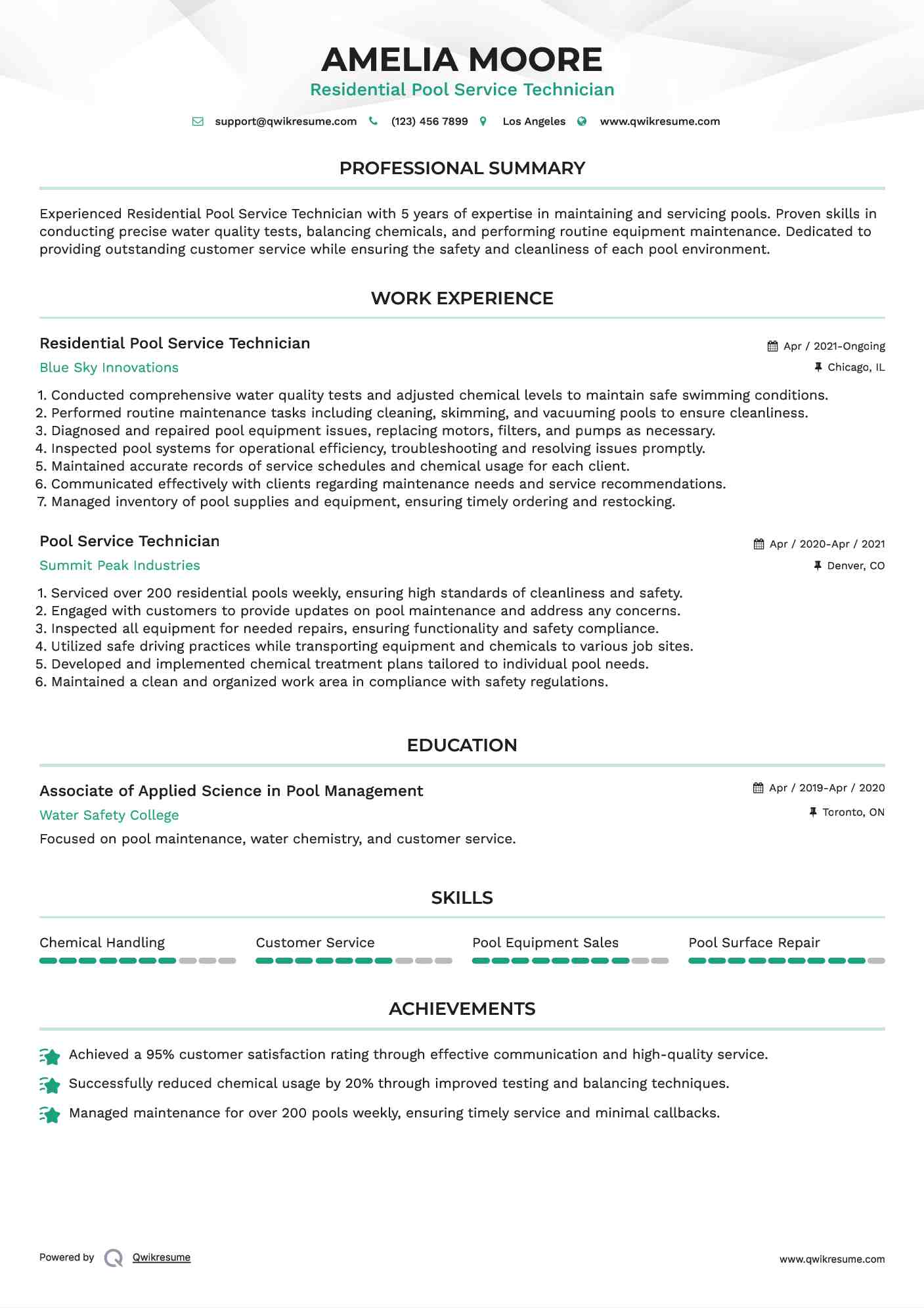 Residential Pool Service Technician Resume Sample