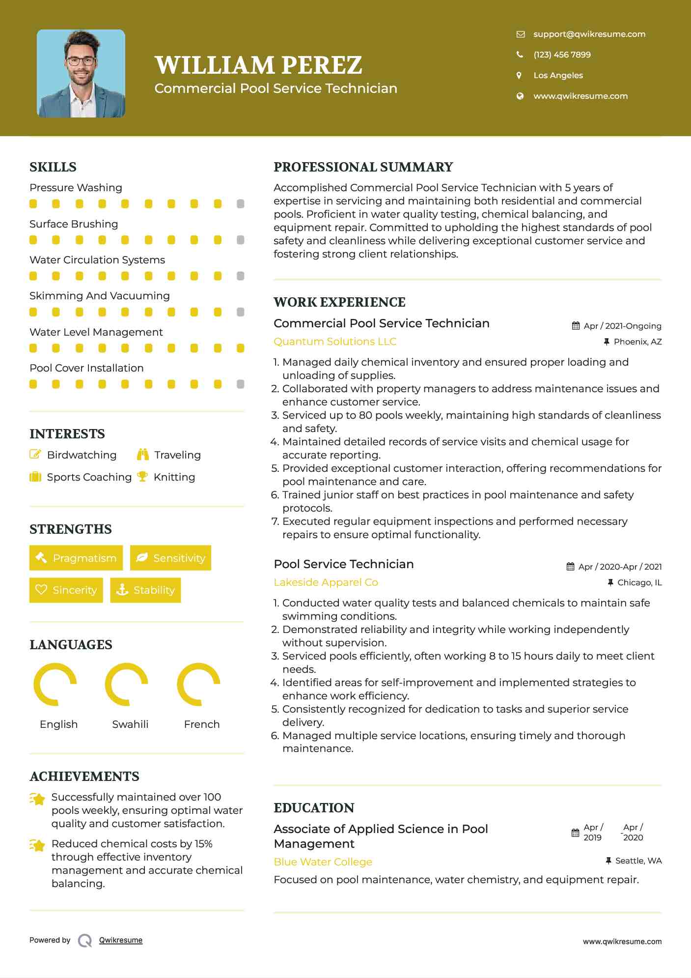 Commercial Pool Service Technician Resume Sample