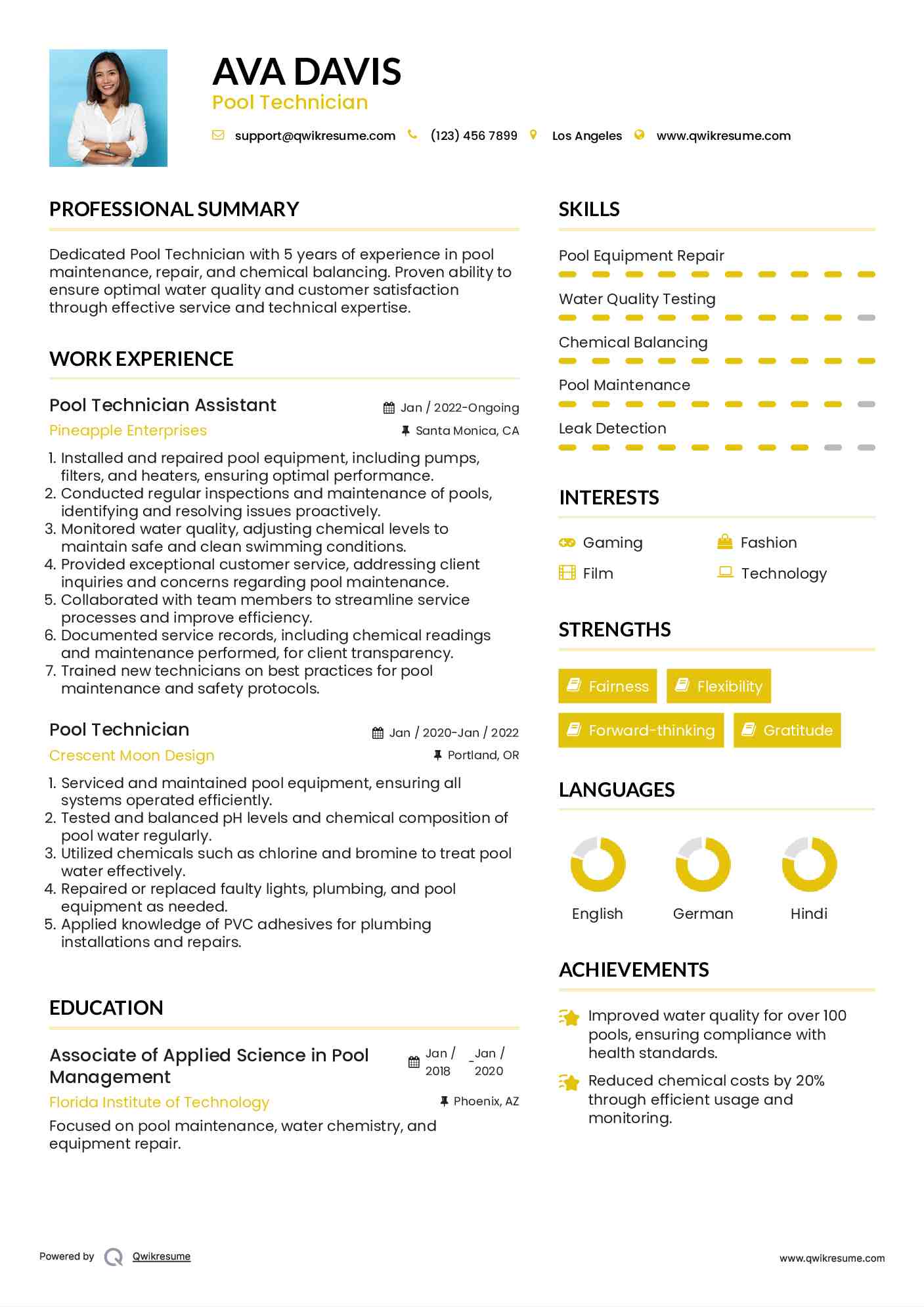 Pool Technician Assistant Resume Sample