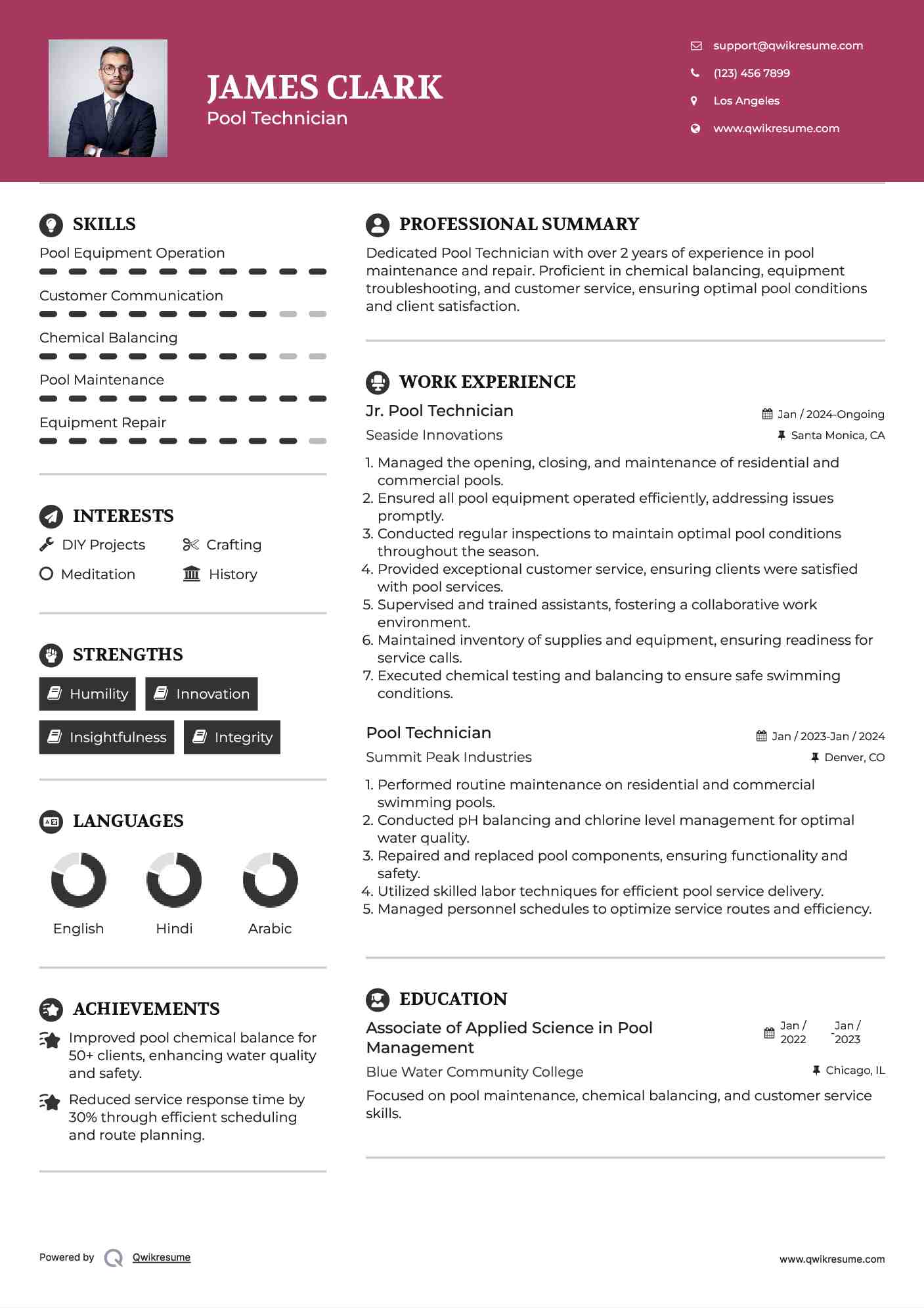 Jr. Pool Technician Resume Format