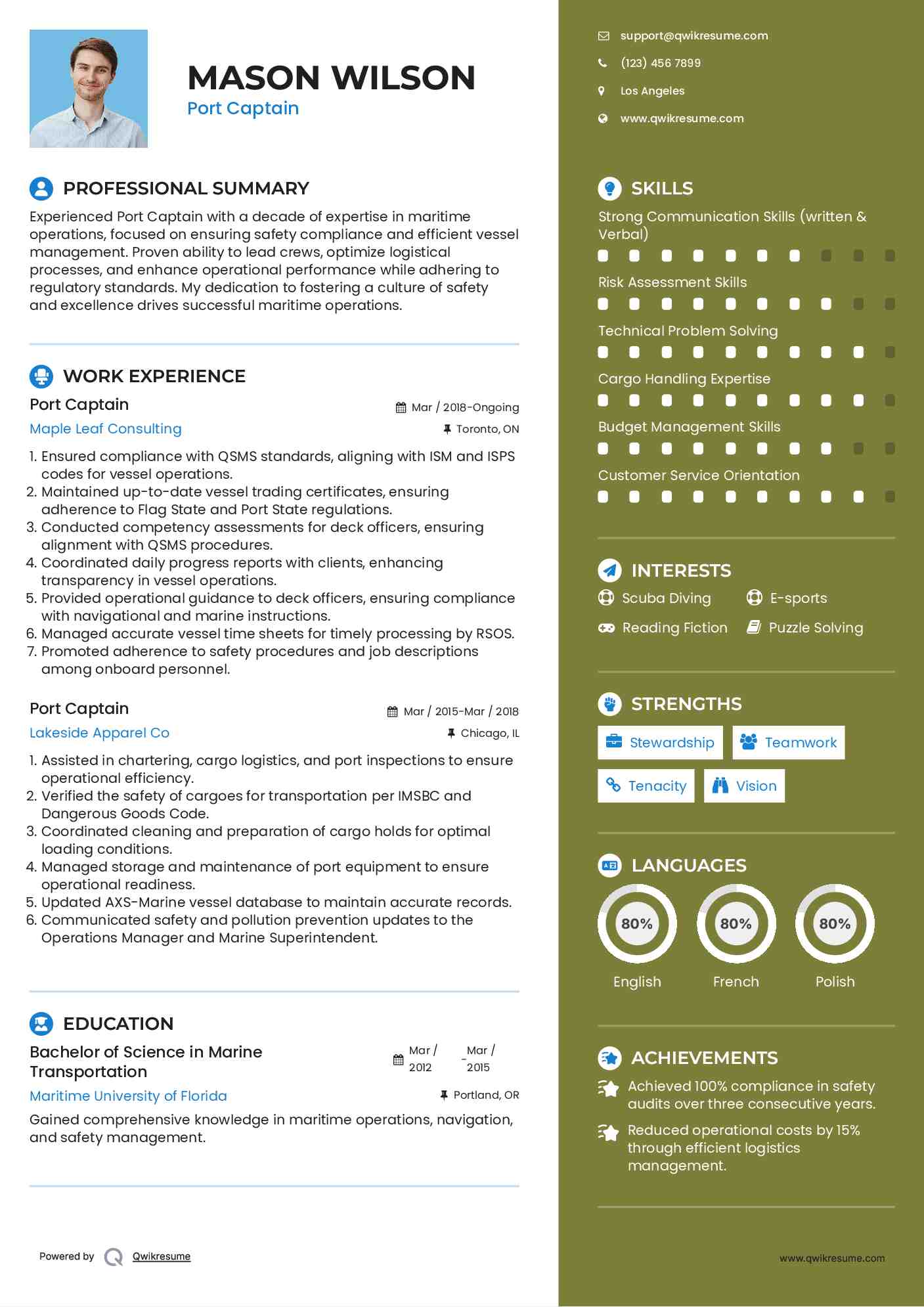 Port Captain Resume Samples QwikResume