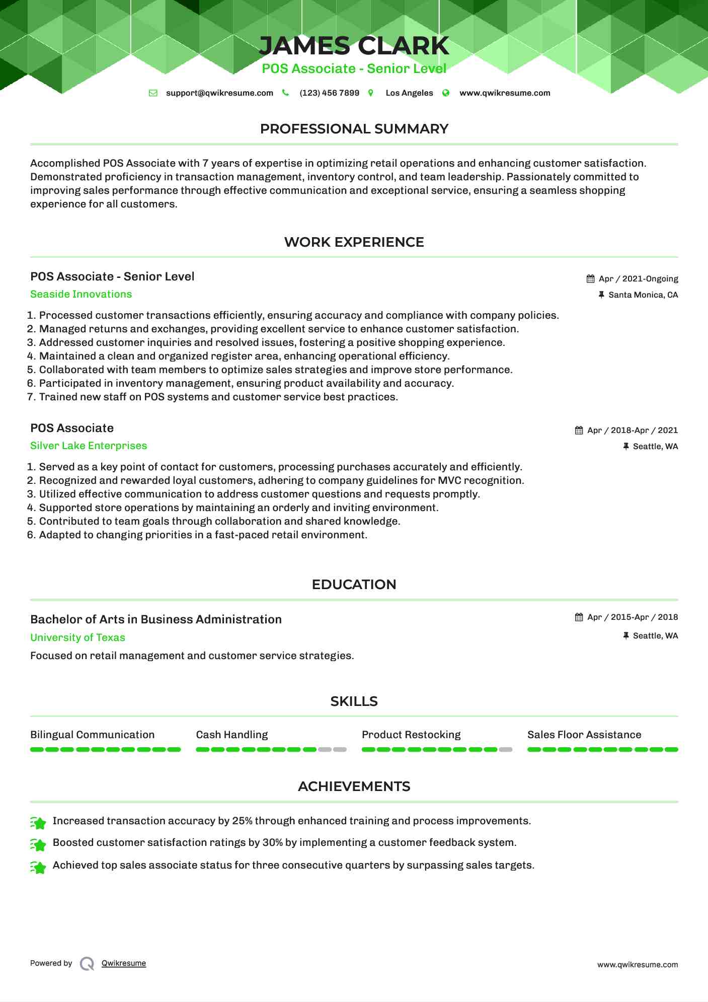 POS Associate - Senior Level Resume Model