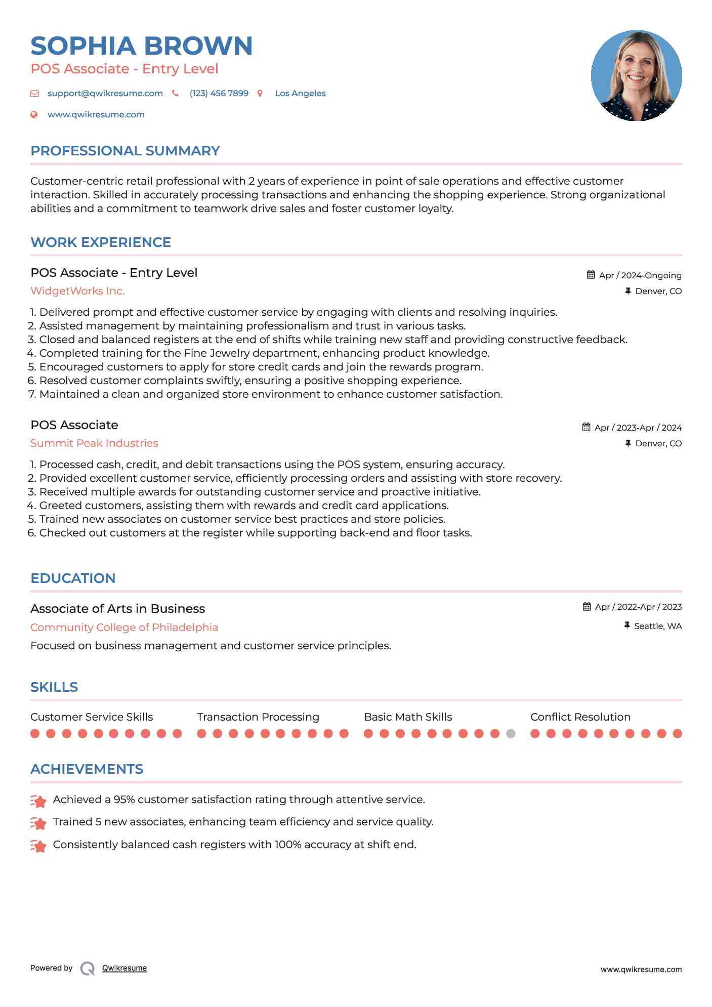 POS Associate - Entry Level Resume Example