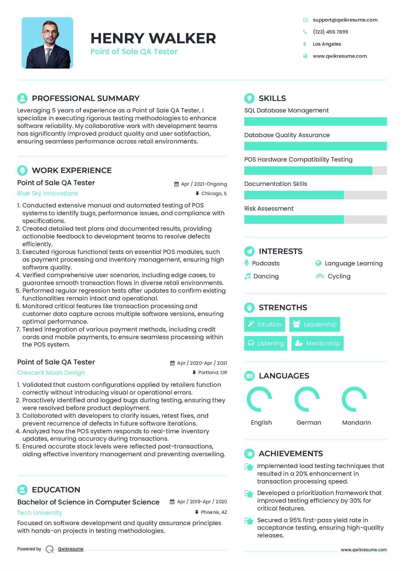 Point of Sale QA Tester Resume Example