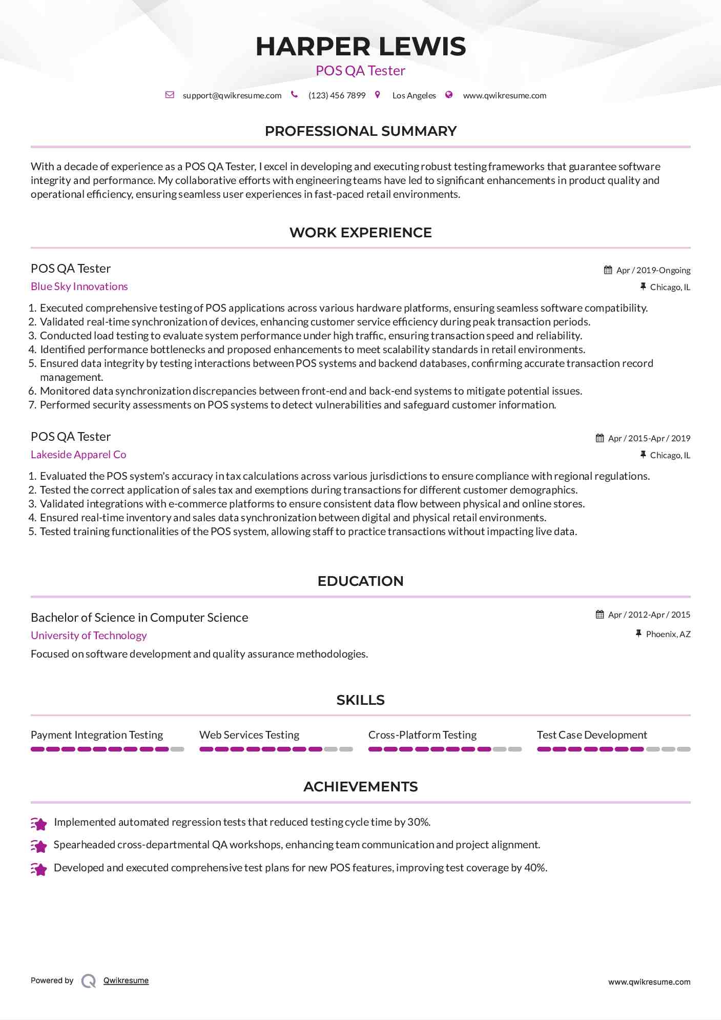 POS QA Tester Resume Sample