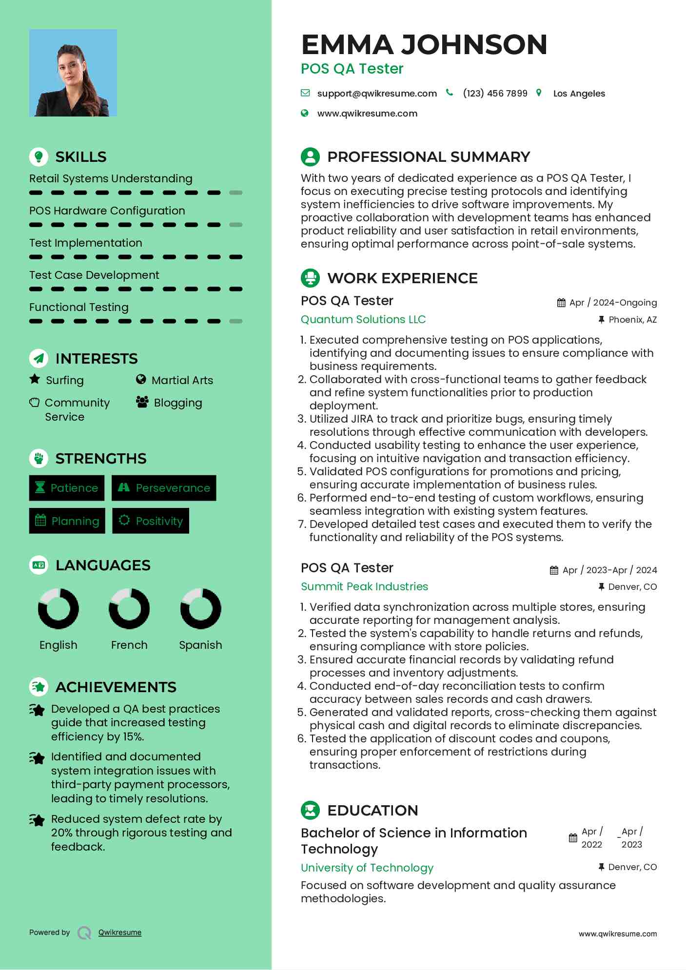 POS QA Tester Resume Sample