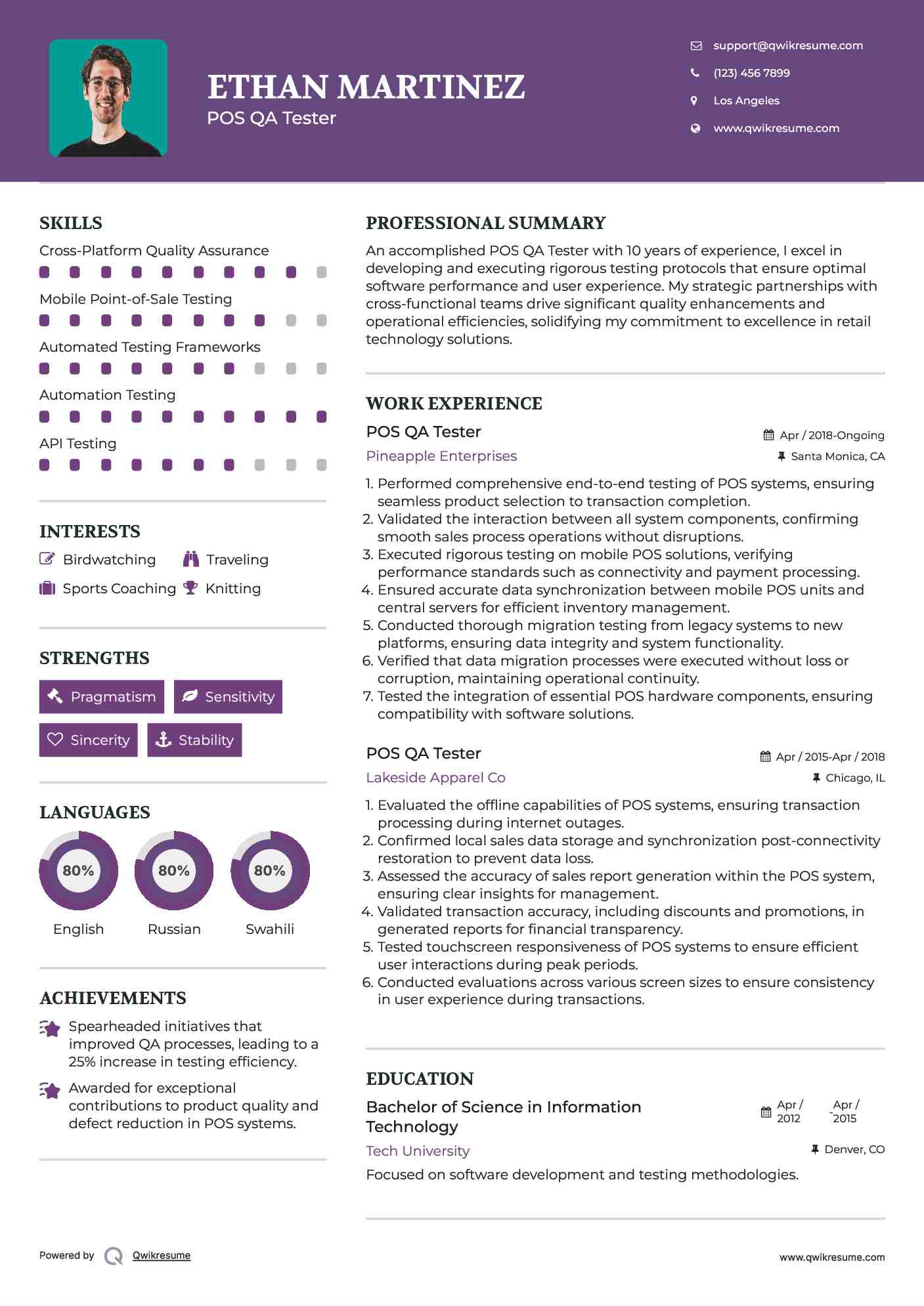 POS QA Tester Resume Template