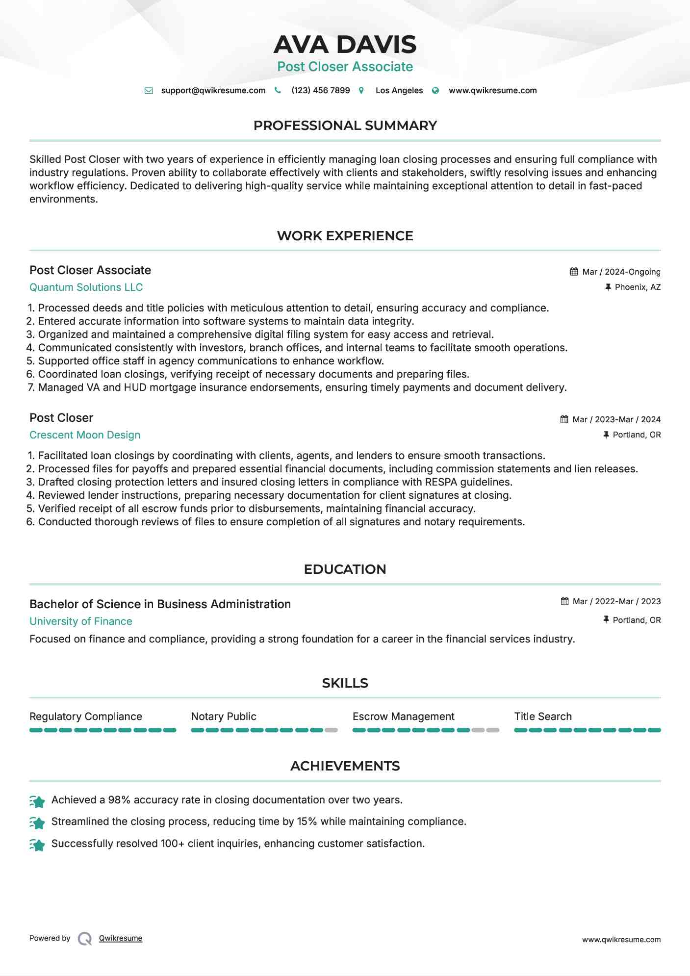 Post Closer Associate Resume Template