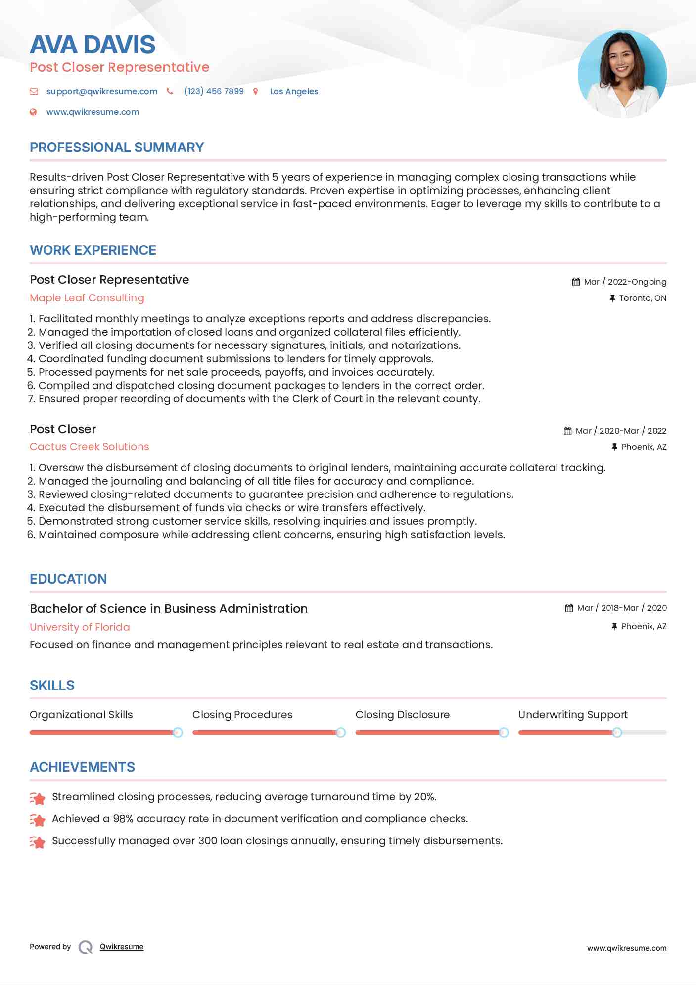 Post Closer Representative Resume Model