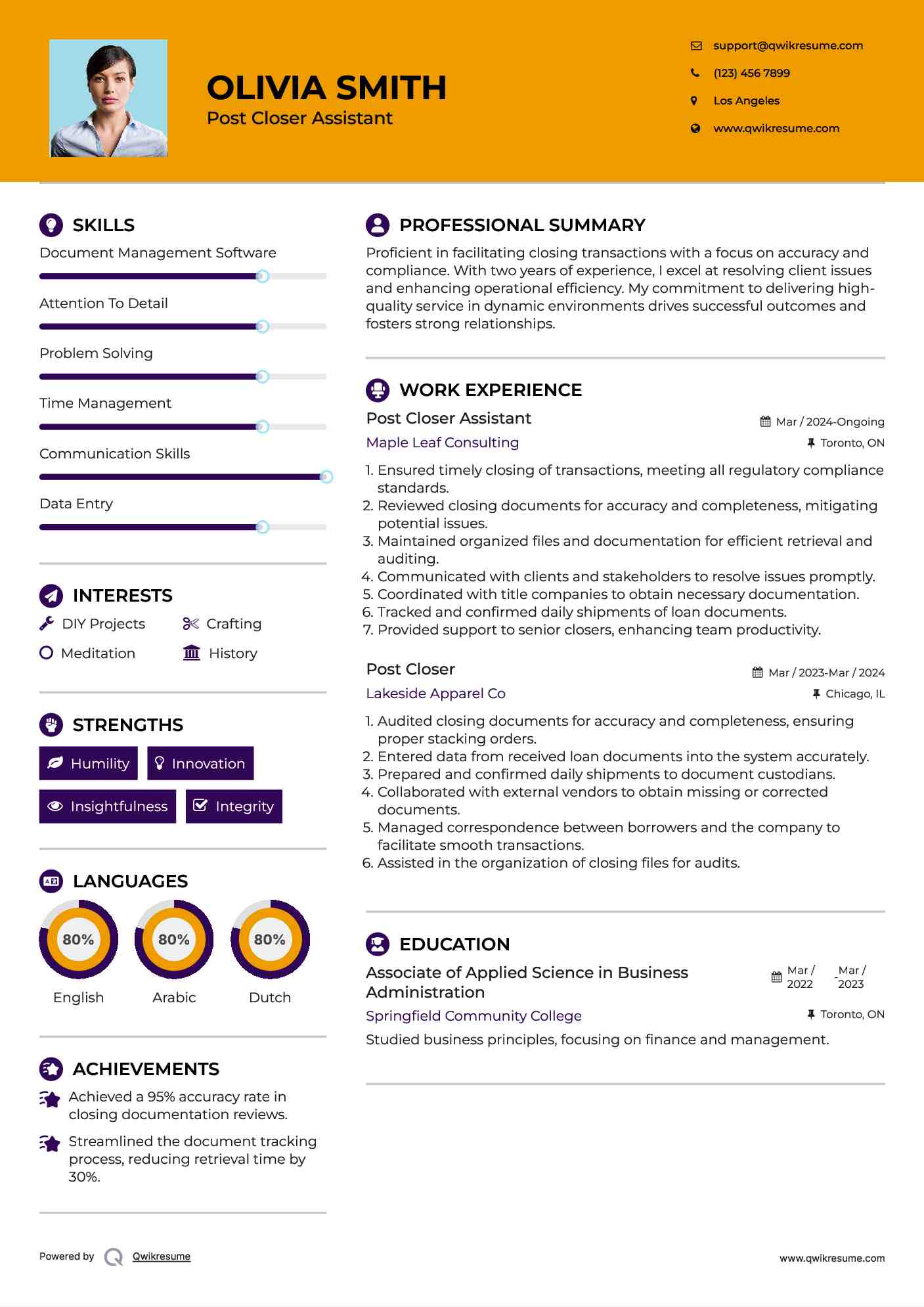 Post Closer Assistant Resume Model