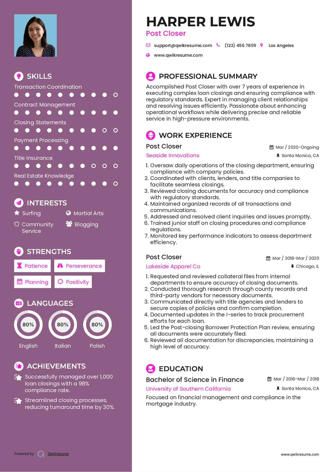 Post Closer Resume Sample