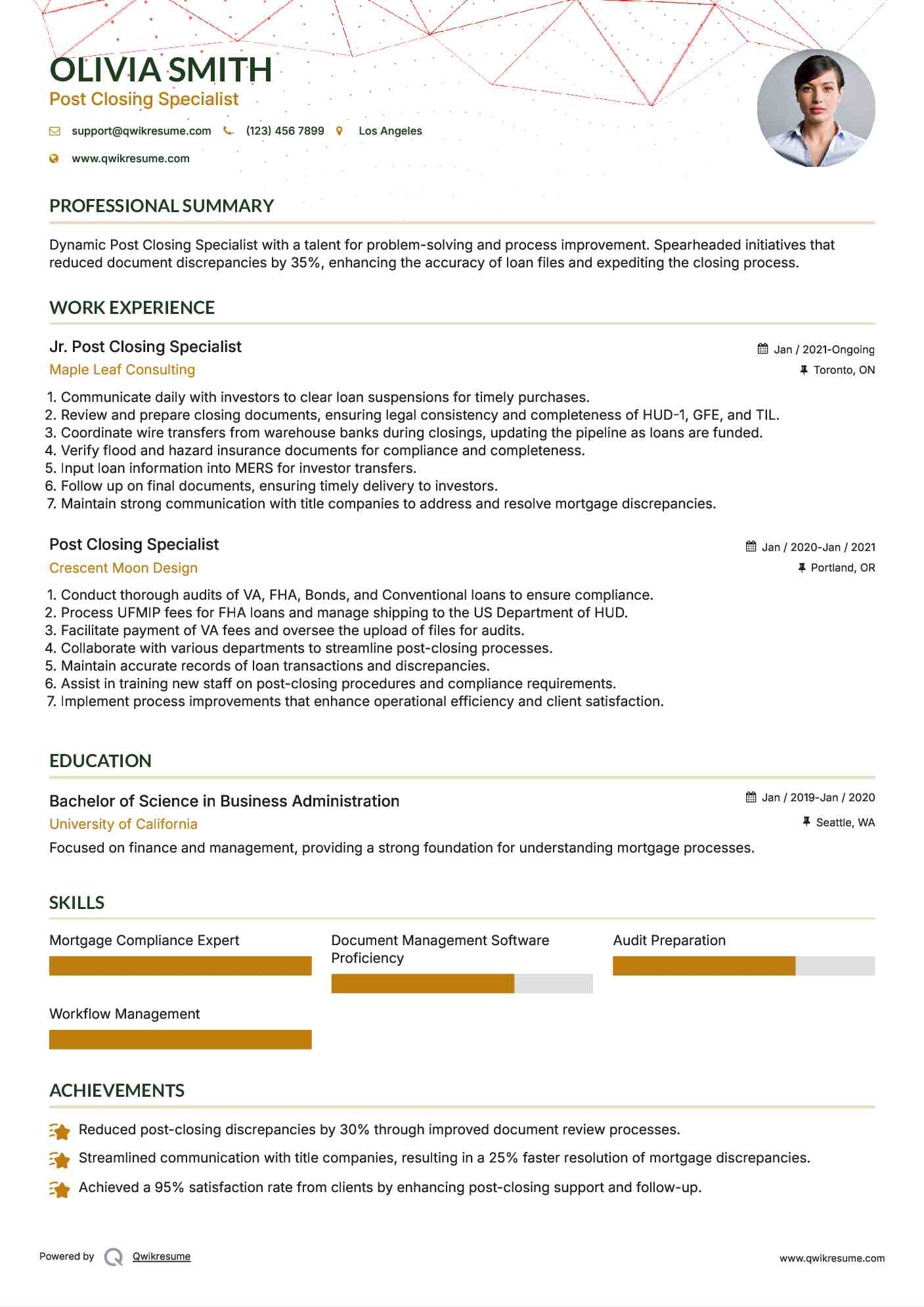 Jr. Post Closing Specialist Resume Format