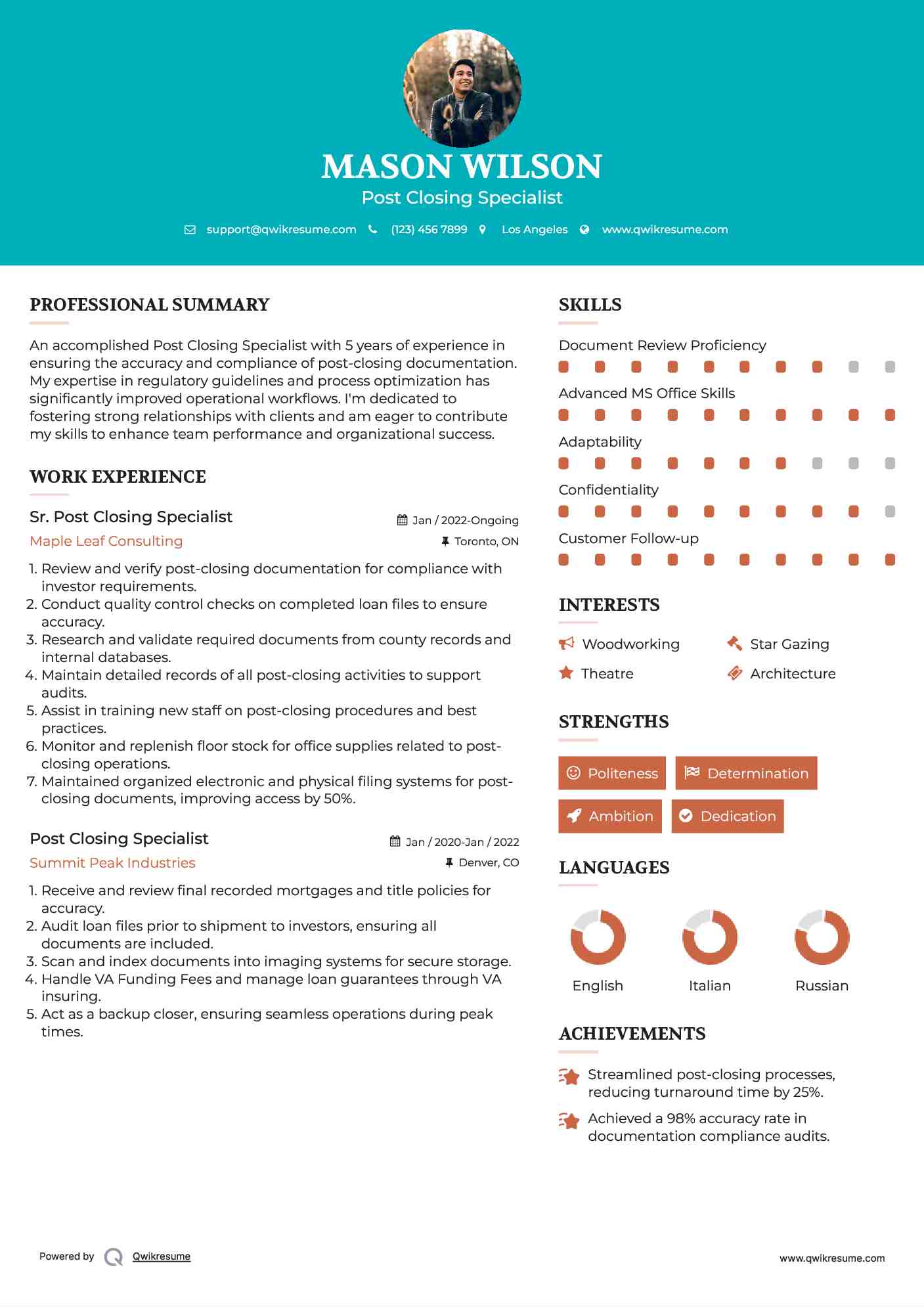 Sr. Post Closing Specialist Resume Template