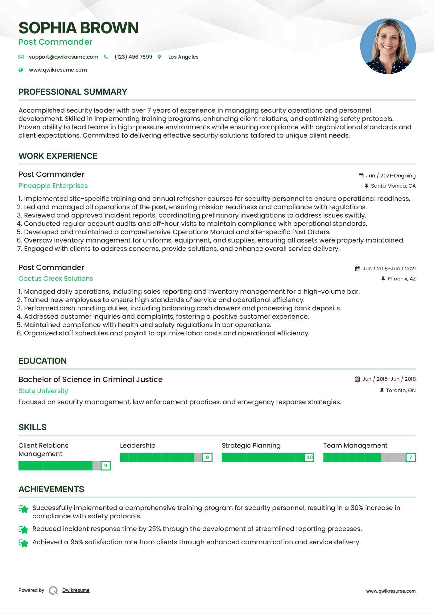 Post Commander Resume Model