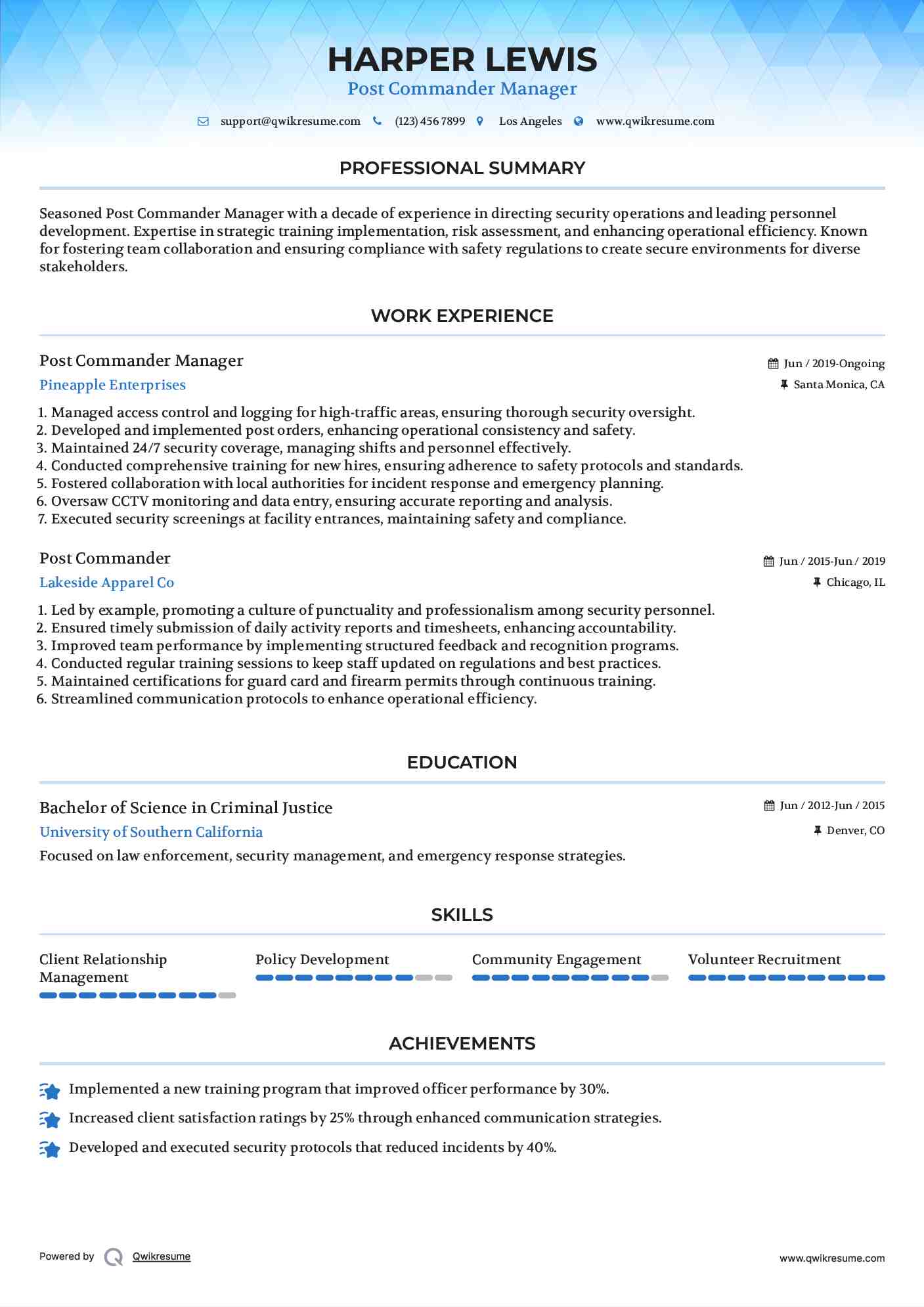 Post Commander Manager Resume Template