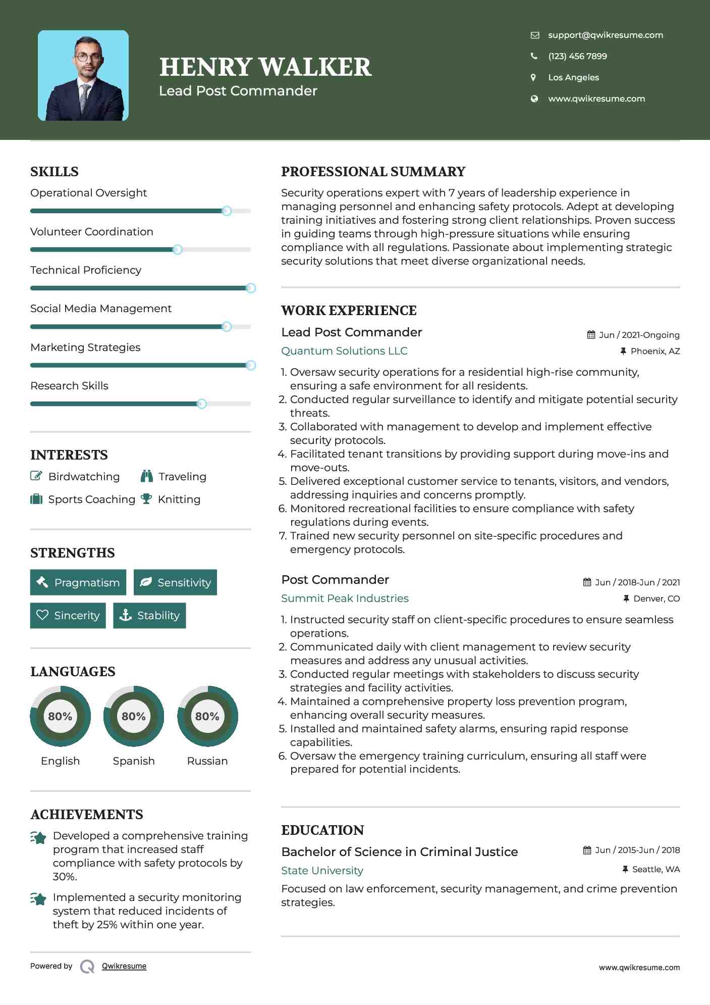 Lead Post Commander Resume Model