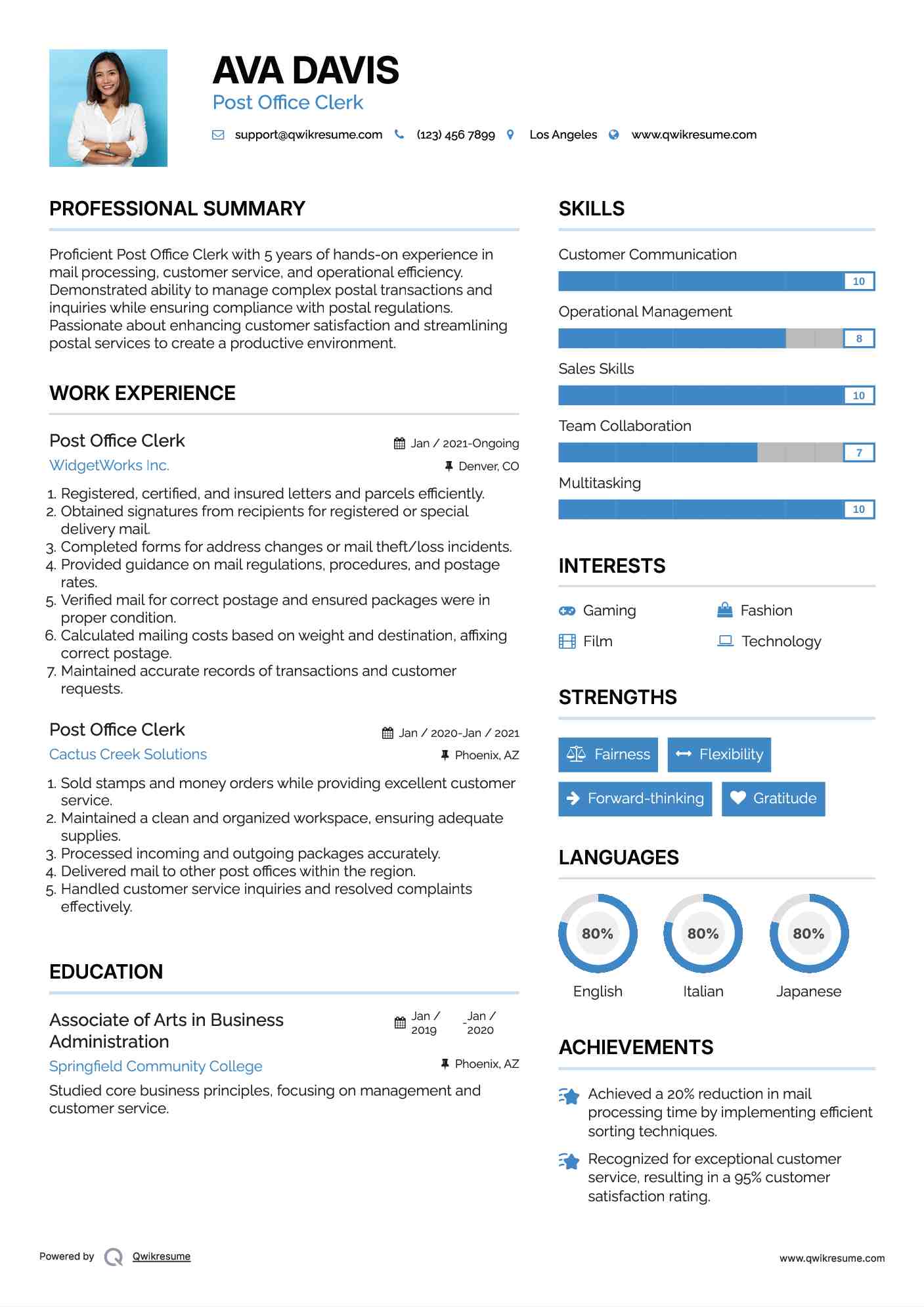 Post Office Clerk Resume Template