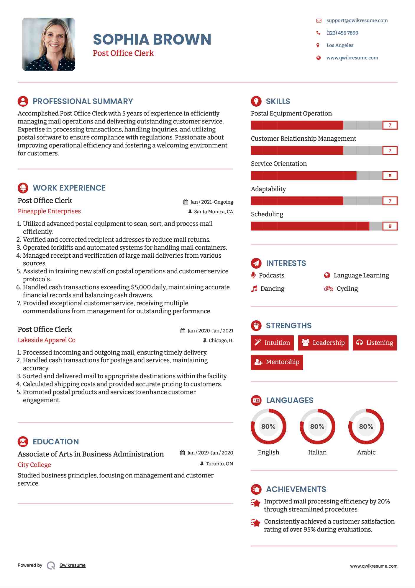 Post Office Clerk Resume Model