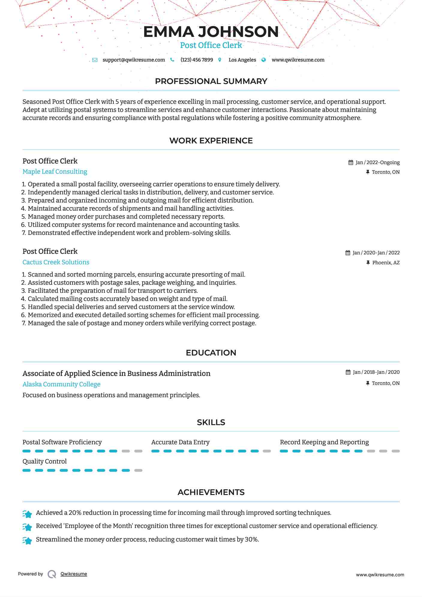Post Office Clerk Resume Sample