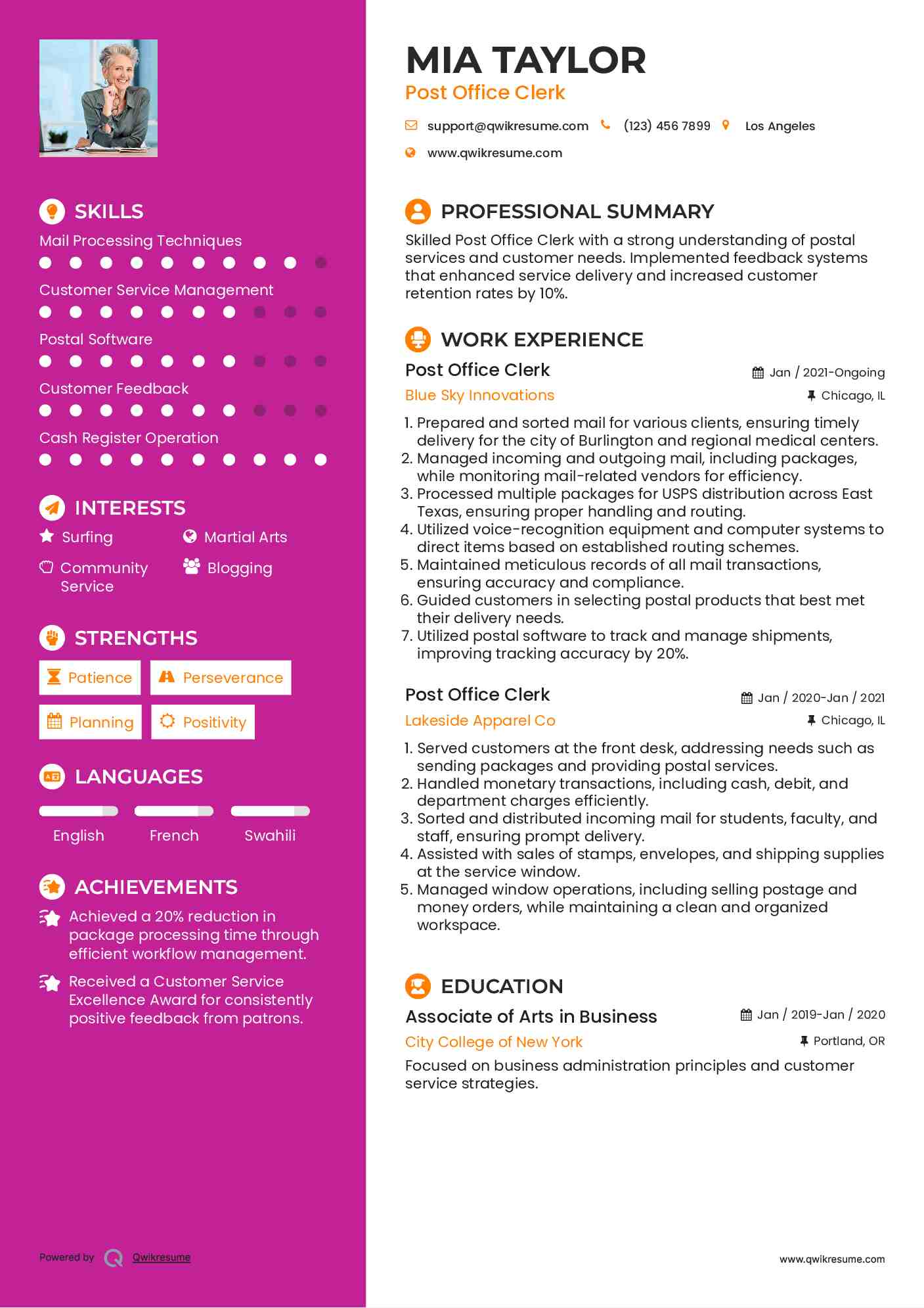 Post Office Clerk Resume Model