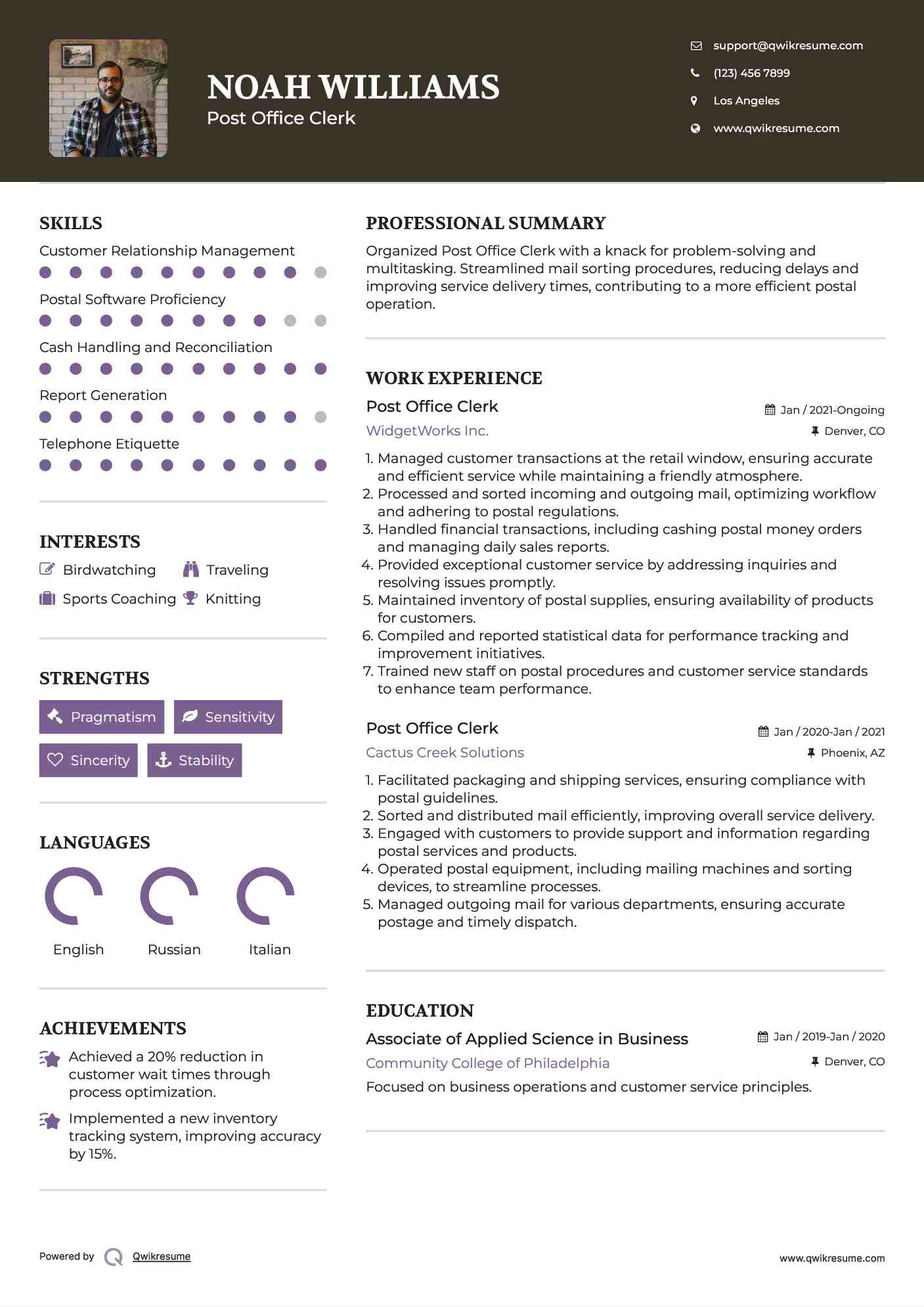 Post Office Clerk Resume Format