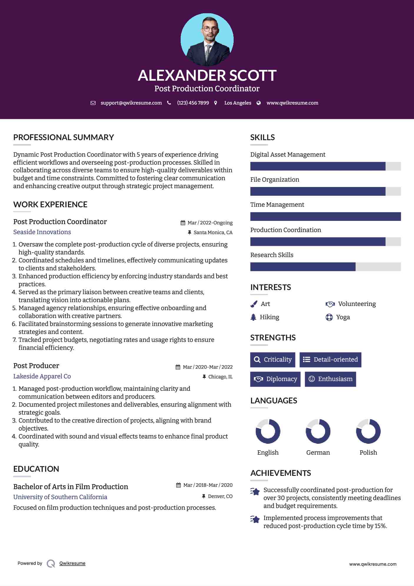 Post Production Coordinator Resume Example