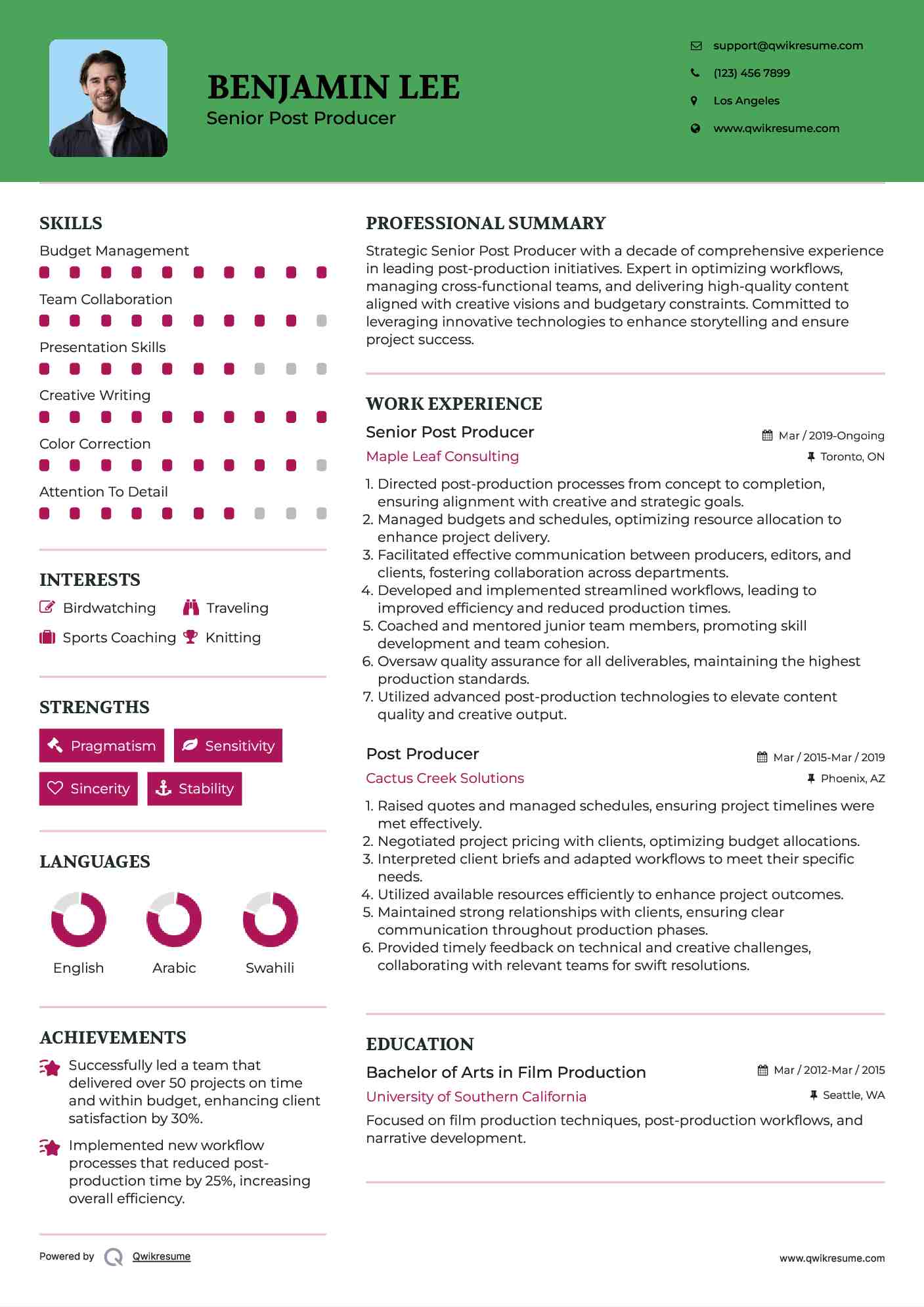 Senior Post Producer Resume Template