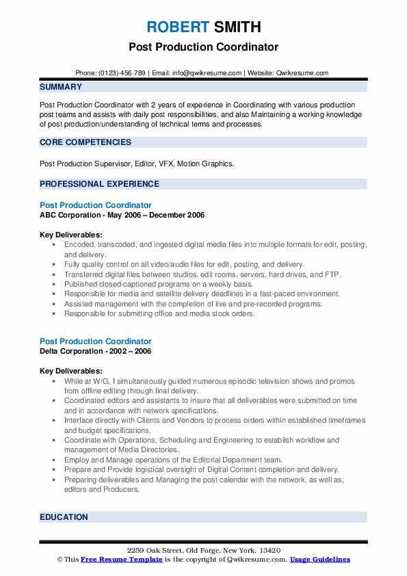 Post Production Coordinator Resume Samples QwikResume