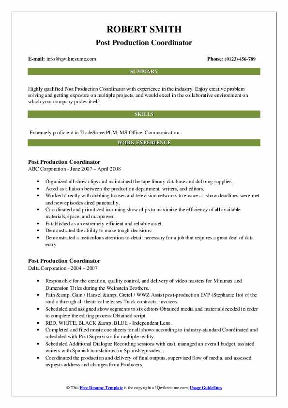 Post Production Coordinator Resume Samples QwikResume