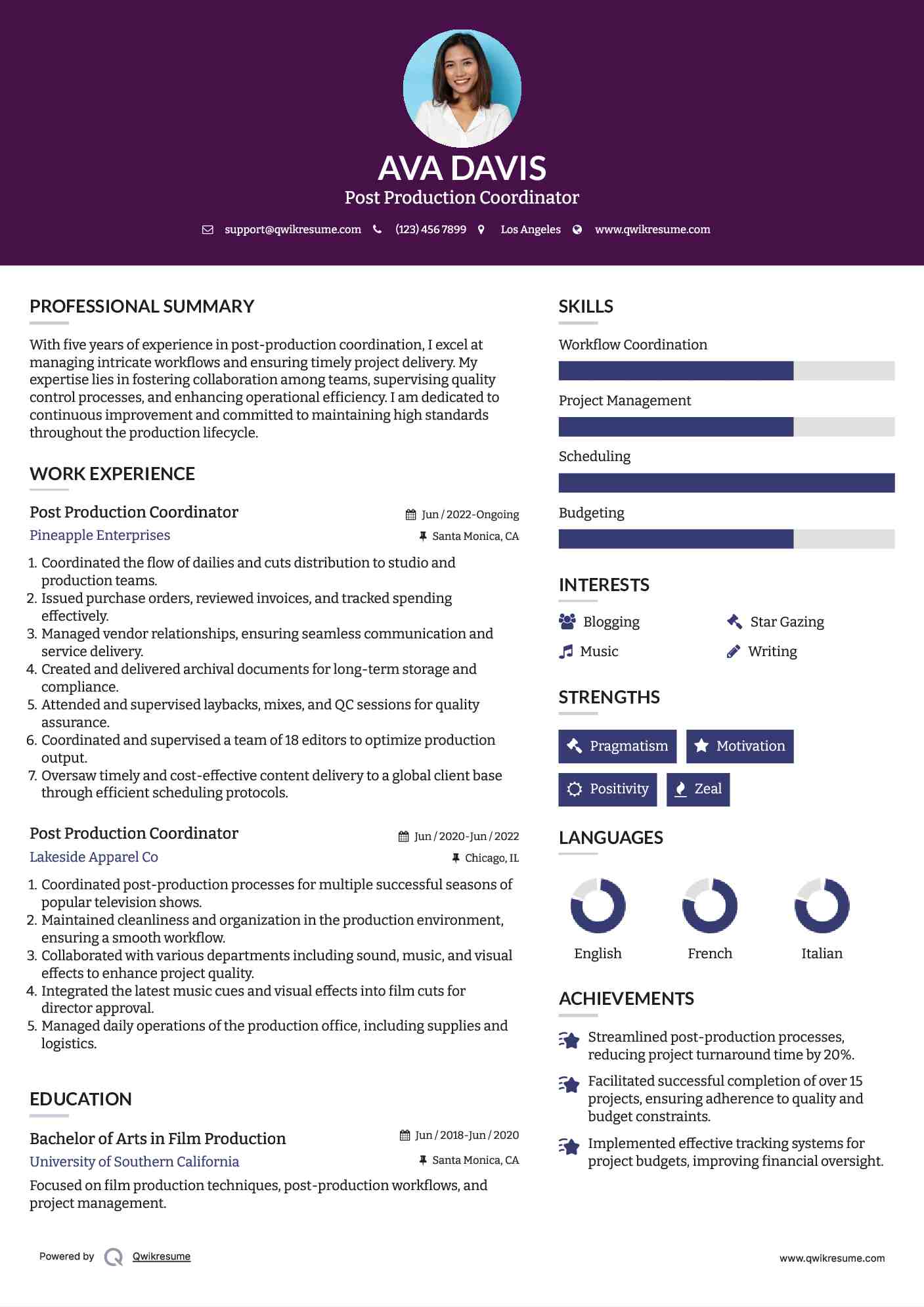 Post Production Coordinator Resume Model