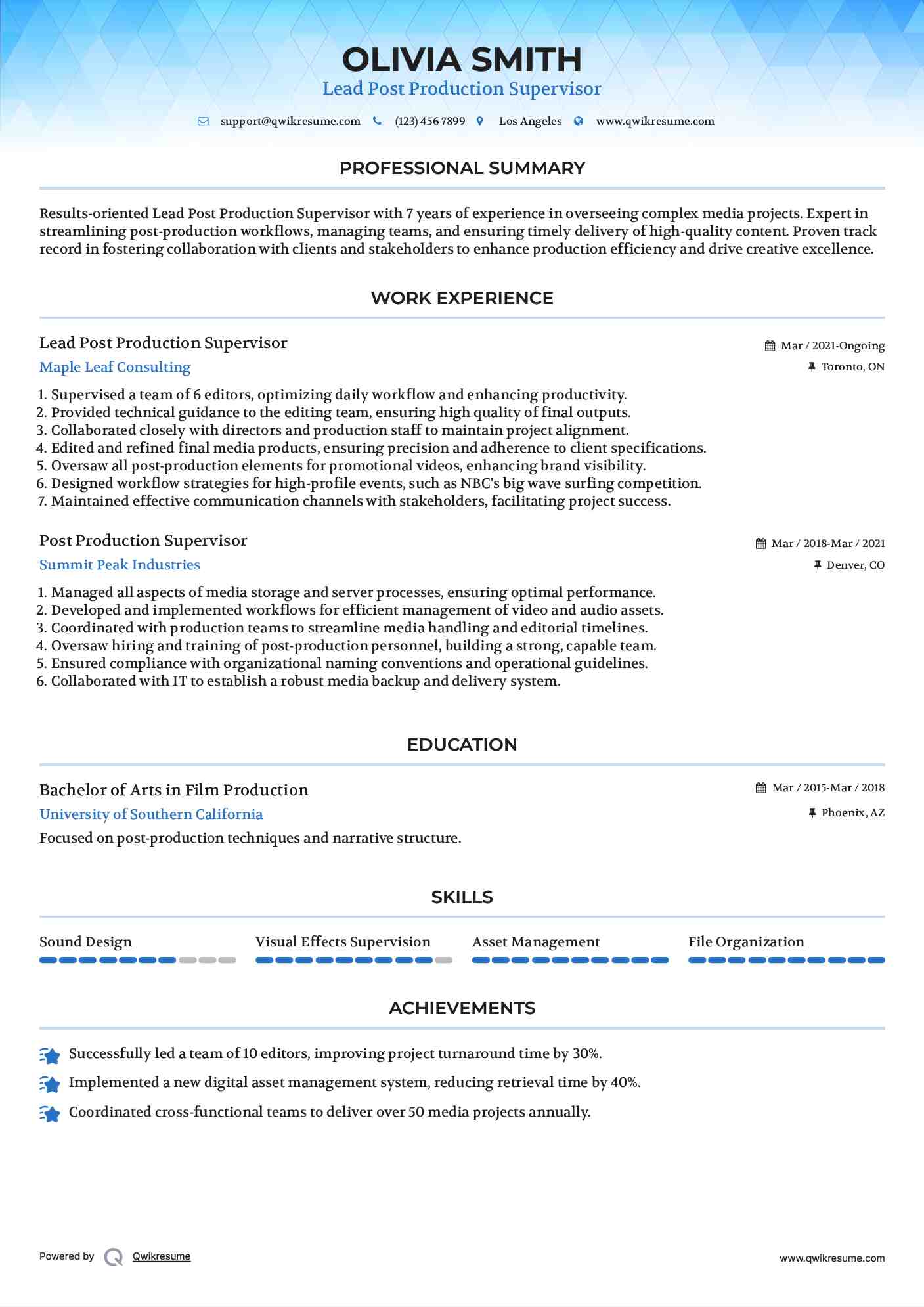 Lead Post Production Supervisor Resume Format